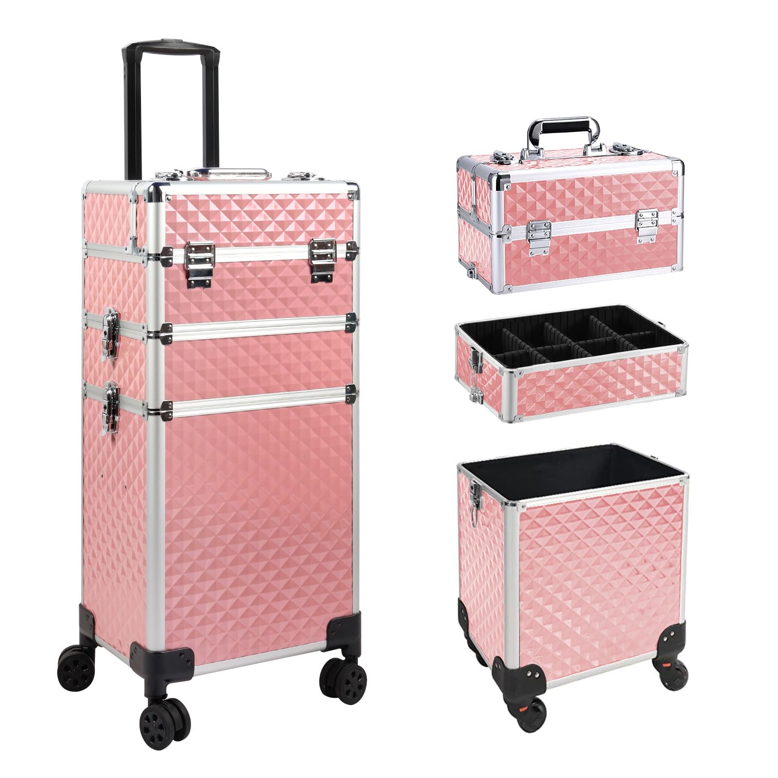 EBANKU Estuches de Maquillaje 3en 1, Estuche de Viaje portátil Profesional para cosméticos, Esmalte de uñas, Productos para el Cabello, Organizador Rosa
