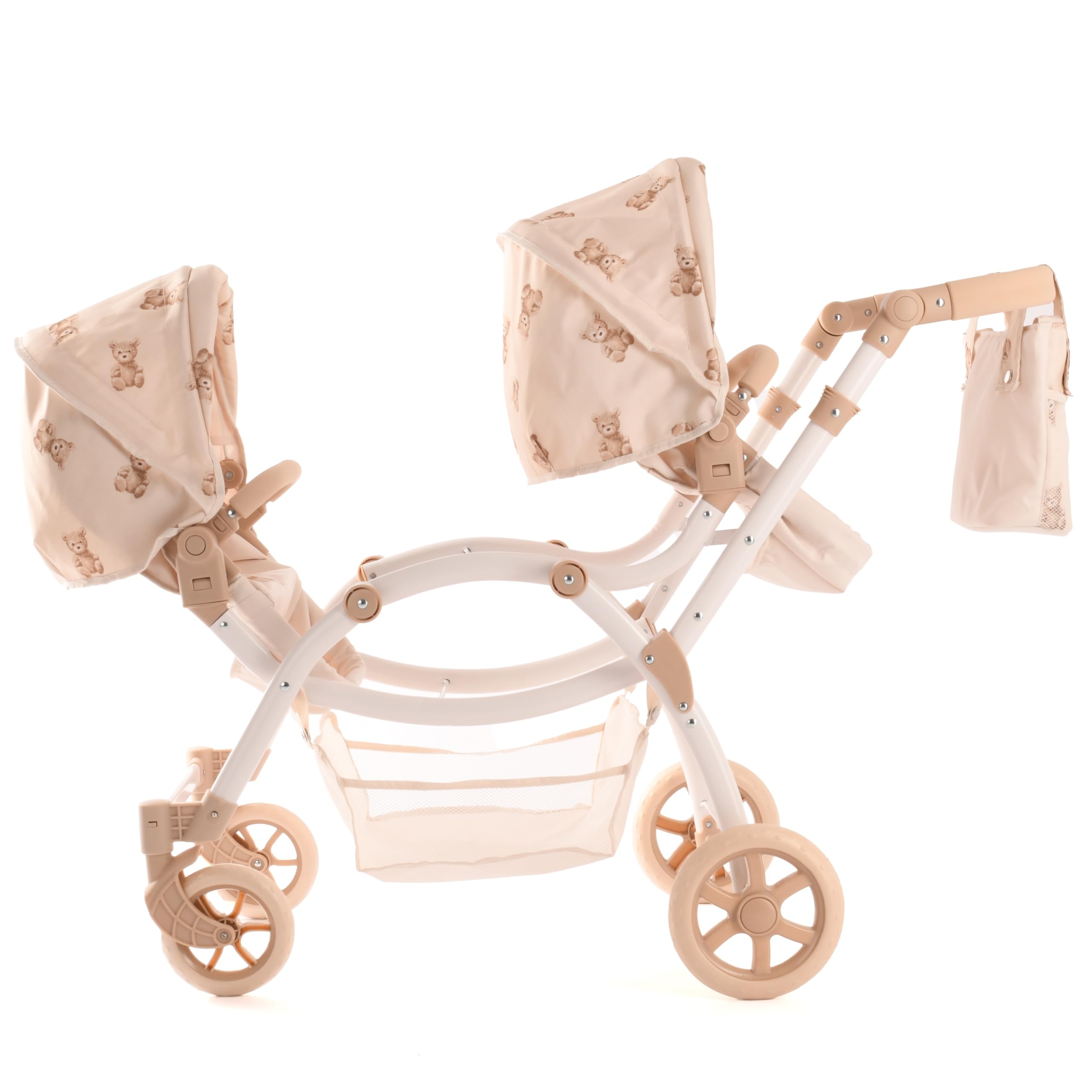 Teddy Twin Luksusowy Wózek dla Lalek Bliźniaków – Podwójny 3w1, Kremowy w Misie – Regulowana Rączka (50-88 cm) – Dla Dzieci 3-7 Lat