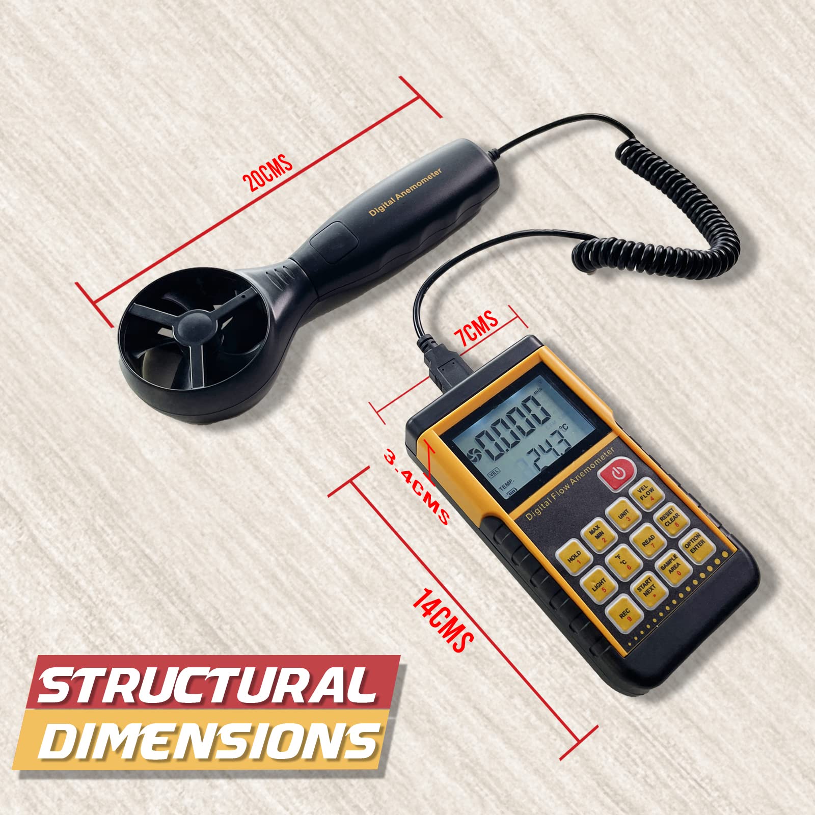 amiciSense Digital Anemometer, Split-Type Wind Speed Meter with Max/Min/Avg and Data Record Function - Image 2 thumbnail