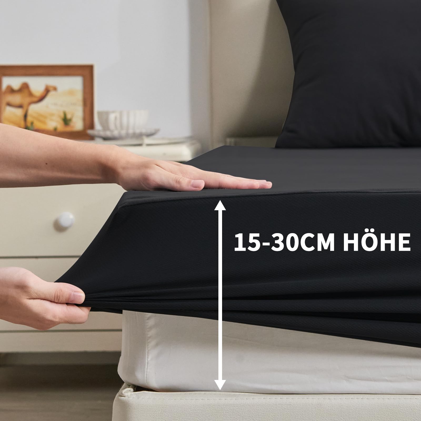mafudoxi Mattress Protector 140 x 200 cm Waterproof Fitted Sheet Mattress Protector Breathable Mattress Topper for Mattresses up to 30 cm Incontinence Pad Washable Moisture Protection Bed Sheet Black - Image 4
