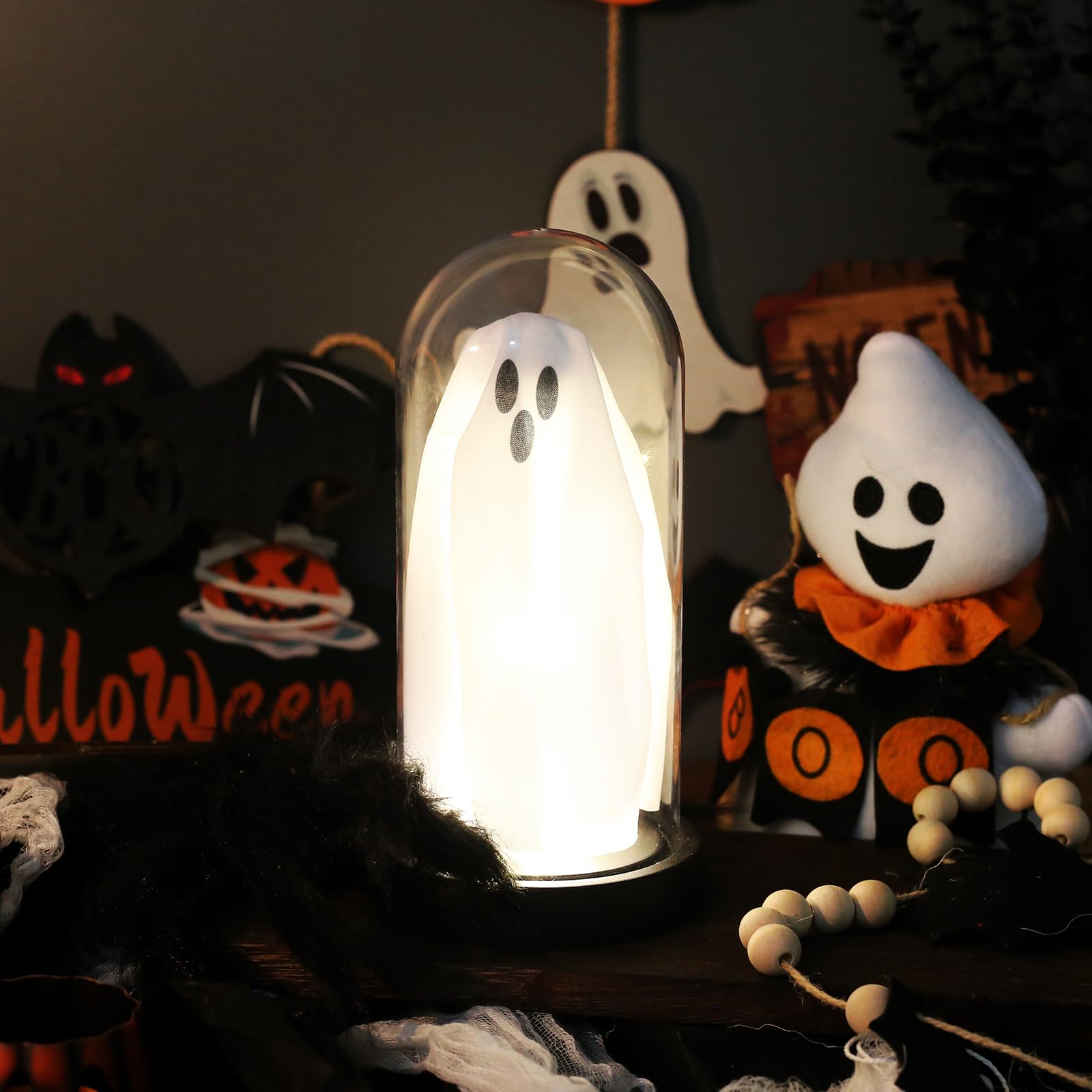 Dekoracja na Halloween rozświetlający duch w kopule klosz oświetlony duch do domu na kominek blat przyjęcie świąteczne dekoracje stołu dekoracje wewnętrzne
