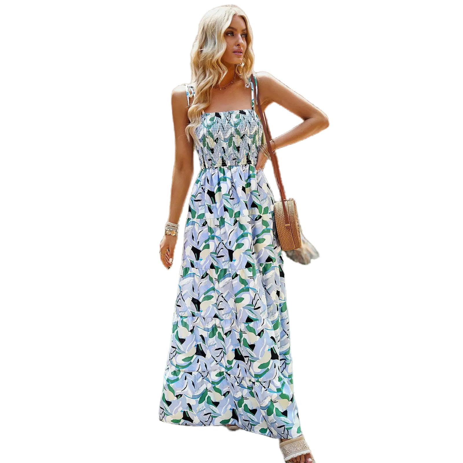 Vestidos de Tirantes de Cuello V Estampados en Verano Flores Vestidos Largos de Cintura sin Mangas Mujeres Delicados Y Elegantes Al Estilo Bohemio, HUTALIM, Azul, XL