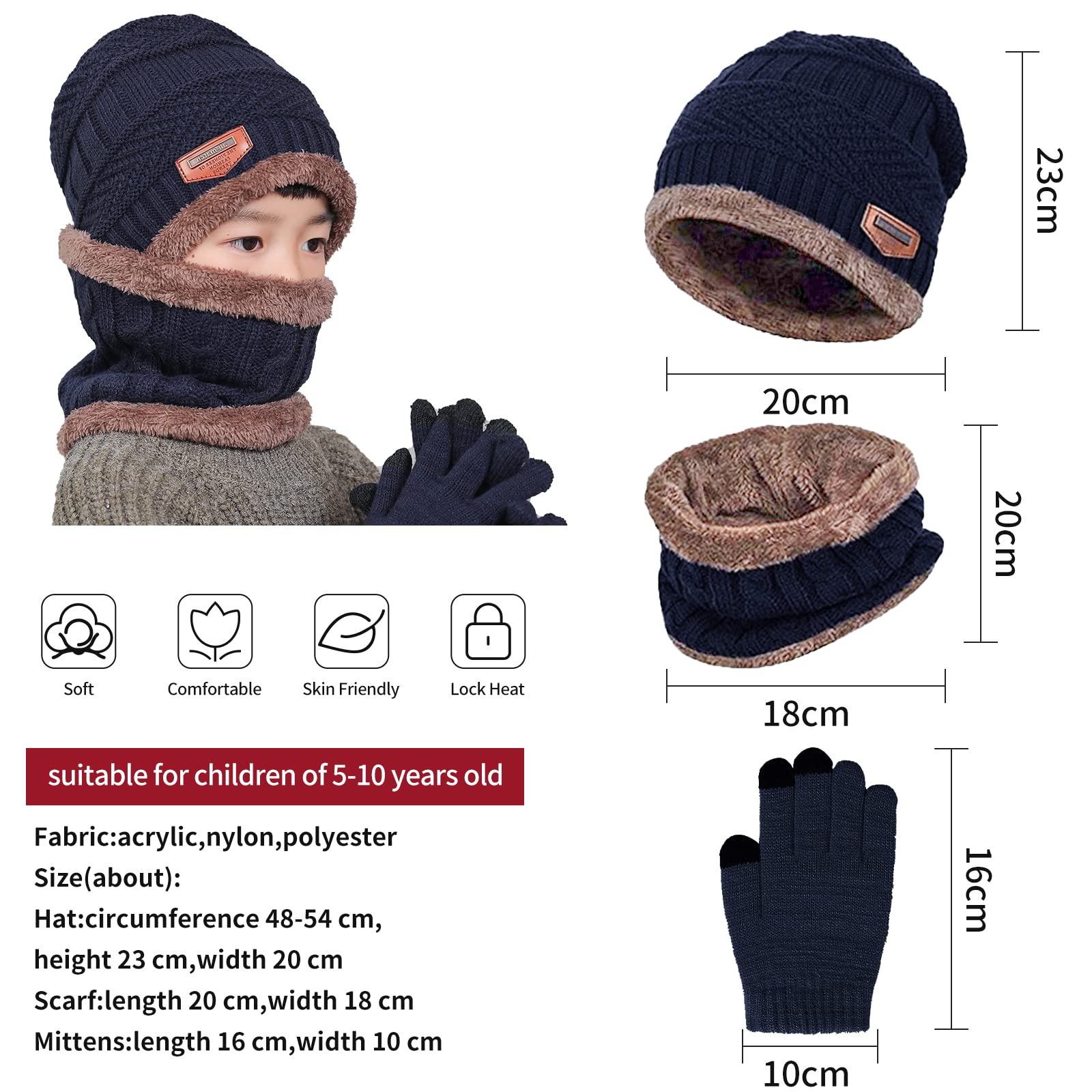 Conjunto de Gorro, Bufanda y Guantes para Niños de 3PCs, Gorro de Punto con Forro Polar Cálido Calentador de Cuello Térmico con Guantes de Pantalla Táctil Esenciales de Invierno Para Niños