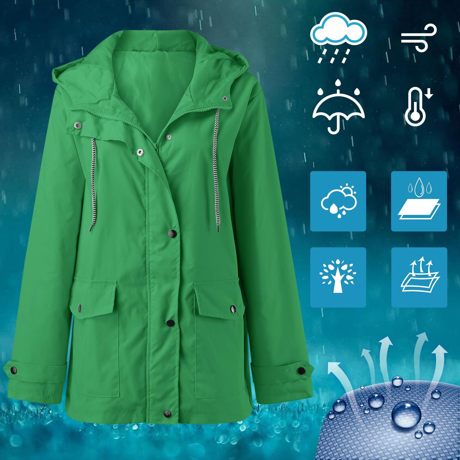 Generisch 2026 Sudadera con capucha para mujer, impermeable con bolsillos, chaqueta con cremallera, chaqueta para entrenamiento al aire libre, chaqueta de lluvia para deporte y ocio (verde, XXXL)