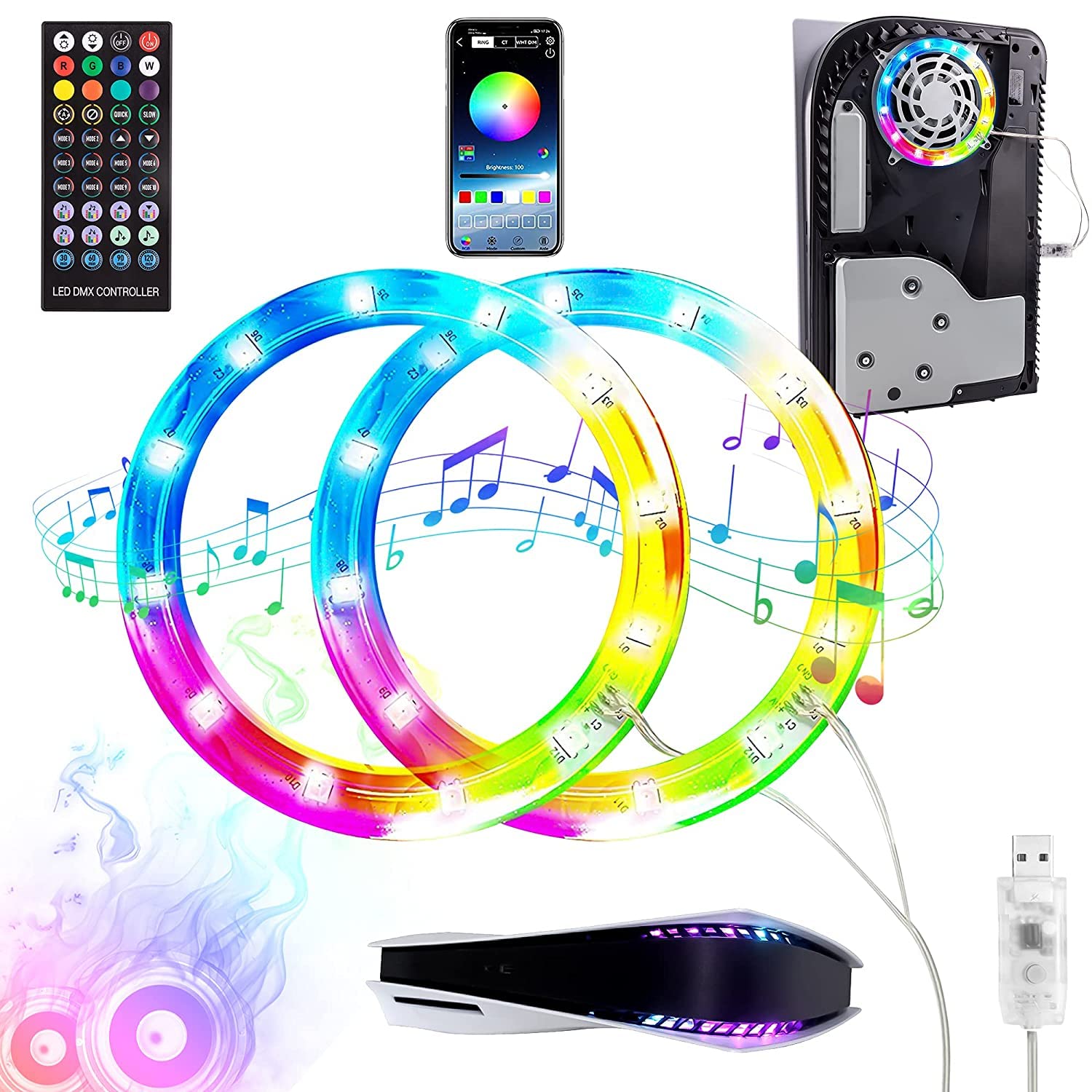 New World RGB LED Light for PS5 8 Colors 400 Effects Music Sync Color Changing Lights for Playstation 5 Console 5050 RGB DIY Decoration Accessories Ring Lights Controlled with APP or IR Remote