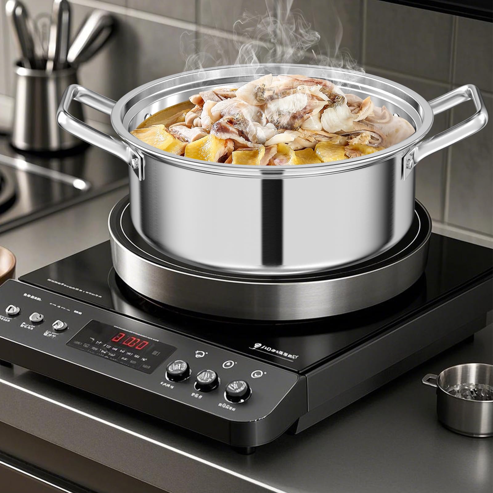 Casseruola Acciaio Inox 28 cm, Padella per Stufare 6 L, Tegami Bordo Alto 3 Strati, Pentola Bassa con Coperchio in Vetro, per Tutti i Tipi di Piano Cottura, Lavabile in Lavastoviglie