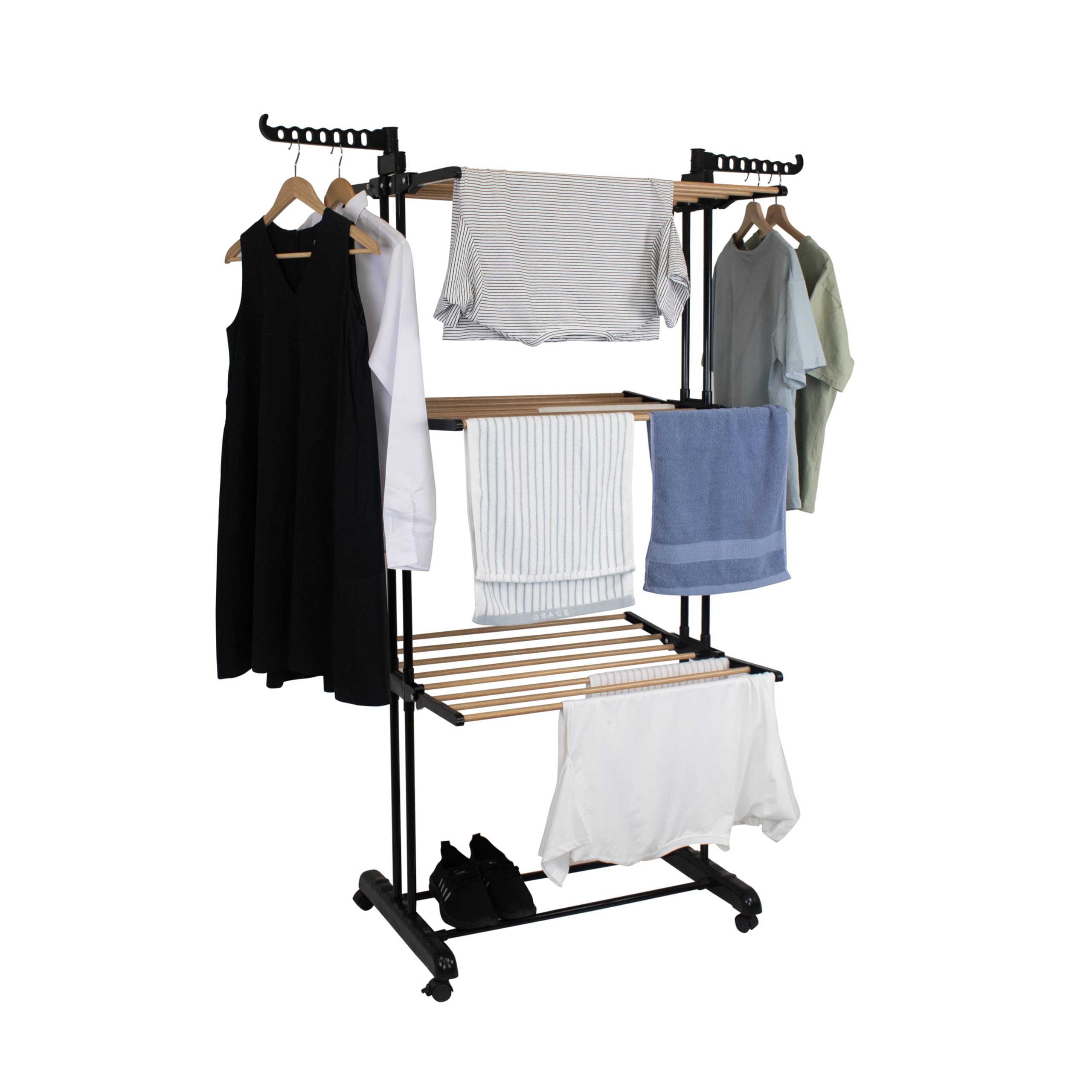 Hyfive Black Clothes Airer Clothes Drying Rack Extra Large 4 Tier Clothes Horse Drying Rail Stainless Steel Garment Laundry Clothes Dryer Racks Wood Effect