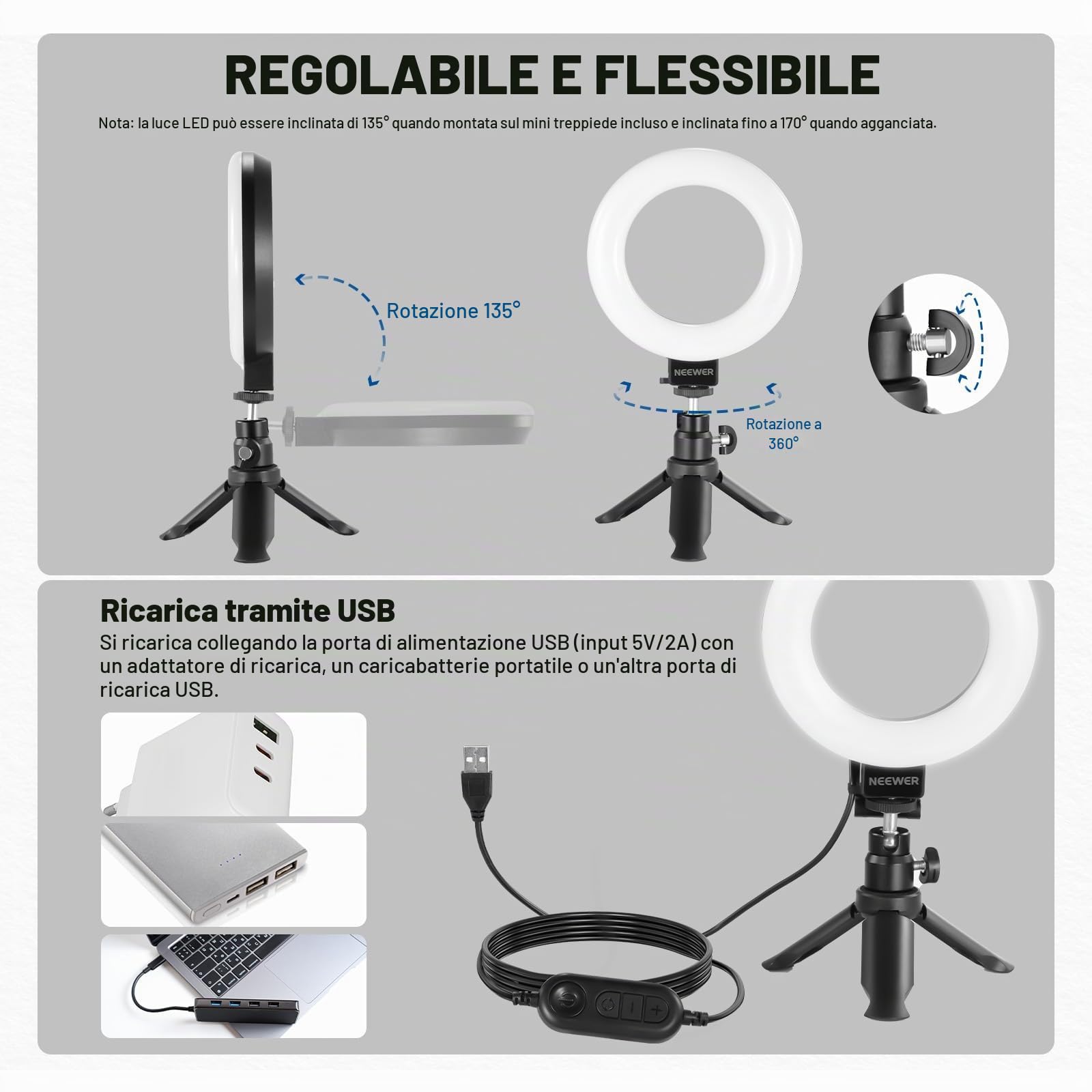 NEEWER BASICS Ring Light 5" per Video Conferenza, Kit Luce a Clip con Treppiede Tavolo (2pz) per Monitor Laptop Computer Chiamate Zoom Streaming Live Lavoro a Distanza Studio Registrazione Video, BR60