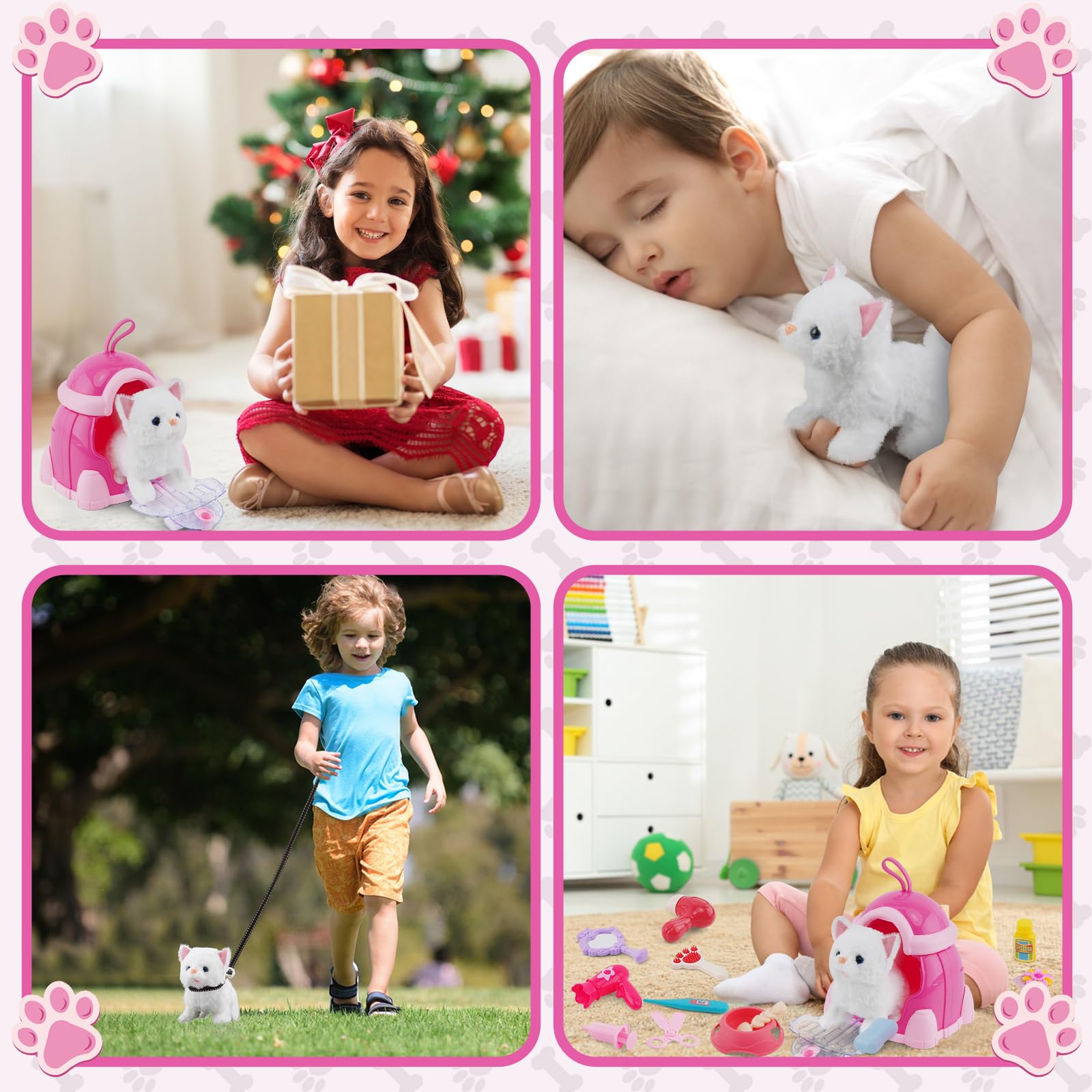Gatto Giocattolo di Peluche con Guinzaglio che Miagola e Cammina,Interattivo Elettronico Animali Domestici Giocattoli Gatto, Giocattolo Interattivo Include 20 Accessori per bambini 3 4 5 6 7