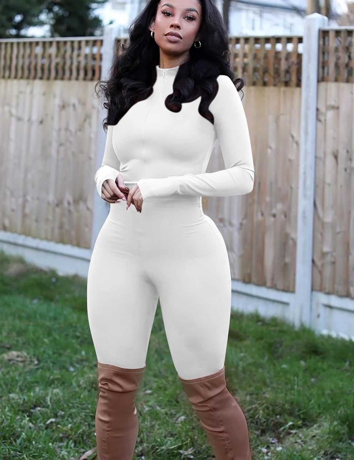 Mizoci Women's Sexy One Piece Jumpsuit Bodycon Long Sleeve V Neck Zipper Full Bodysuit - Image 5