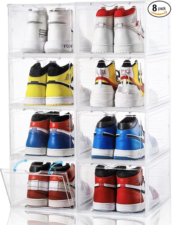 Clemate Large Shoe Storage Box, 8 PACK, Shoe Organizer Shoe Box Clear Plastic Stackable, Drop Front Shoe Box with Magnetic Door, Shoe Containers For Sneaker Display, Fit up to US Size 13