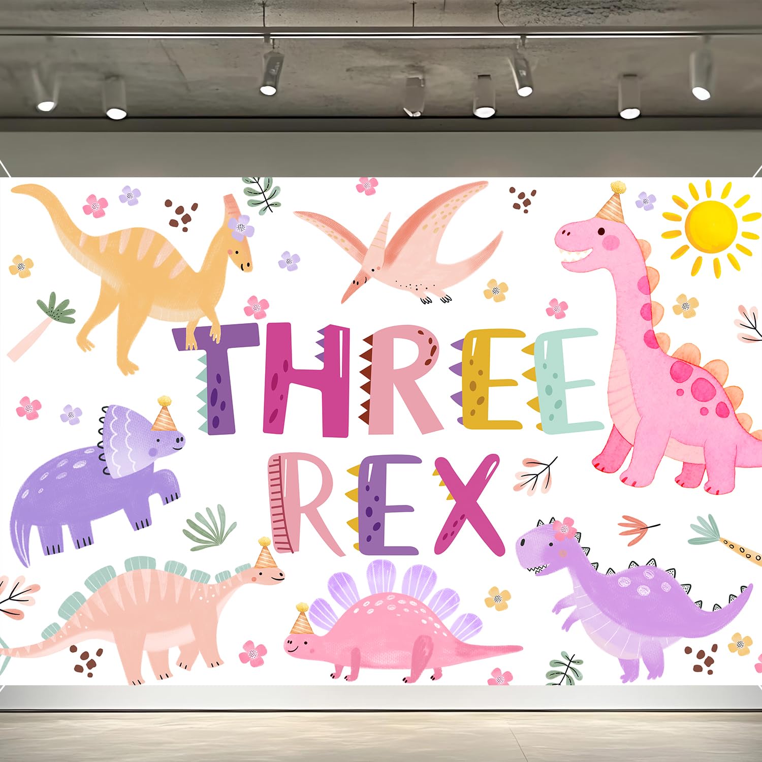 Dinosaur birthday party backdrop banner (Pink Three Rex)
