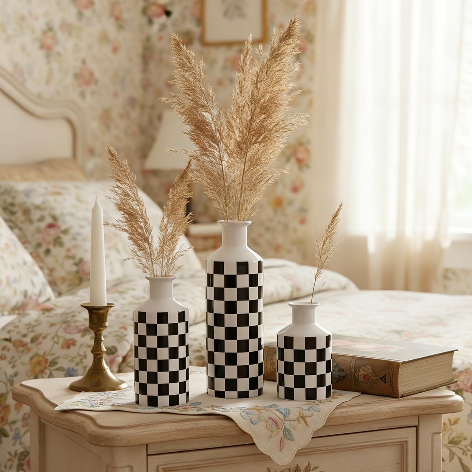 Keramik-Vasen-Set im Schachbrettmuster, 3-teilig, schwarz-weiße Porzellanvasen in verschiedenen Höhen, Moderne, minimalistische Wohndekoration für Wohnzimmer, Regal und Tisch (Schwarz)