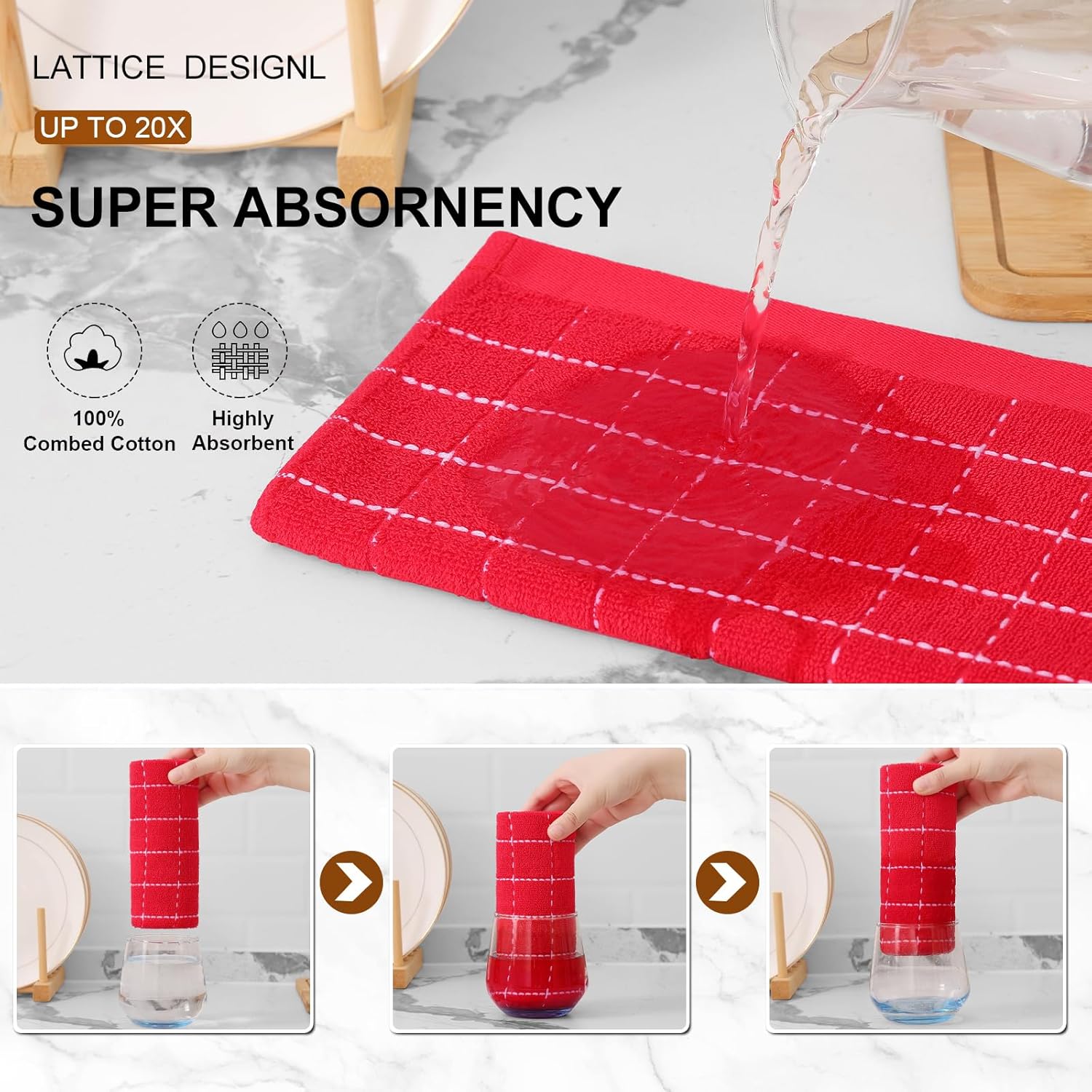 Mordimy 100% Cotton Terry Cloth Kitchen Towels, Super Soft and Absorbent Dish Towels for Drying, Checkered Designed Hand Towels for Kitchen, 16 x 26 Inches, 4 Pack, Red - Image 3