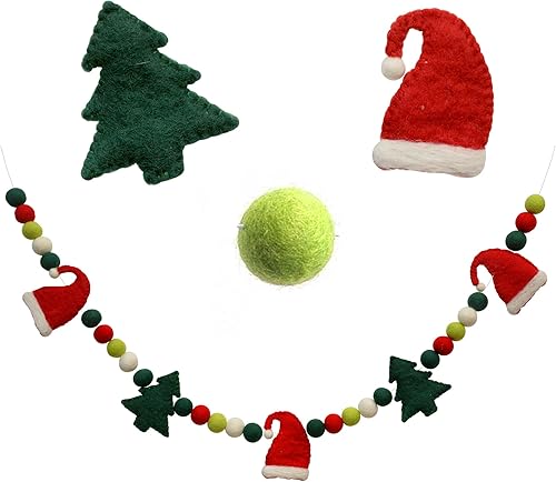 Glaciart One Guirnalda de bolas de fieltro para árbol de Navidad, decoración navideña con pompón, hecha a mano de lana natural, bonita decoración