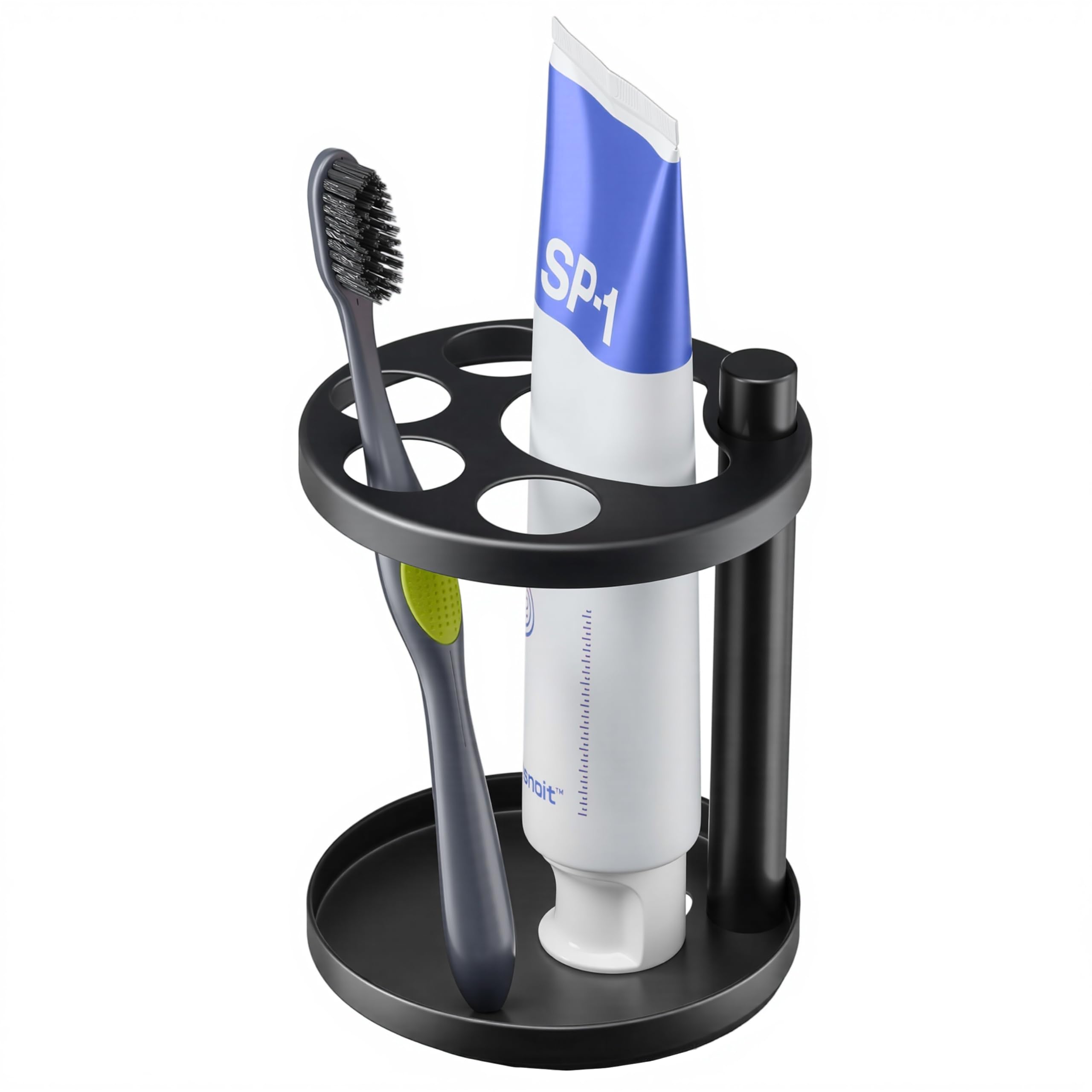 Metal Toothbrush Holder Stand for Bathroom: Stainless Steel Ventilated Organizer with Slots for Electric Toothbrushes, Toothpaste, Razors & Small Comb, Unique Footprint Base Design, Black
