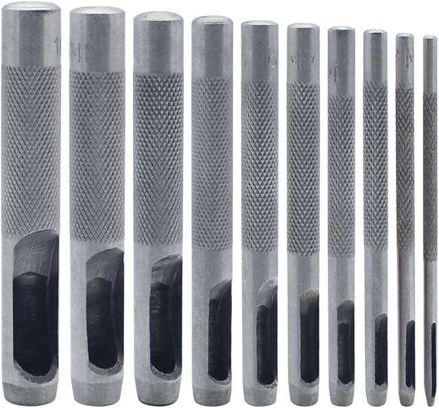 DXLing 10 Pieces Round Steel Hollow Punch Set 1 mm to 10 mm Different Sizes Leather Craft Hollow Hole Punch Cutter Tools for Watch Band Gasket Belt Strap Shoe Fabric Canvas Clothes Eyelet - Silver