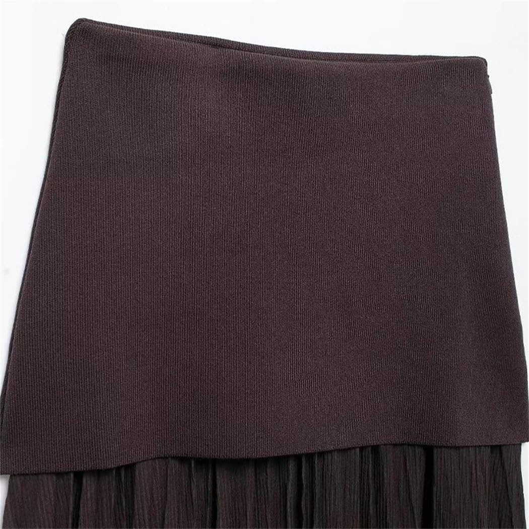 Women's Fashion Knitted Patchwork Pleated Side Zipper Midi Skirt Vintage High Waist Chic Bodycon Pencil Skirt