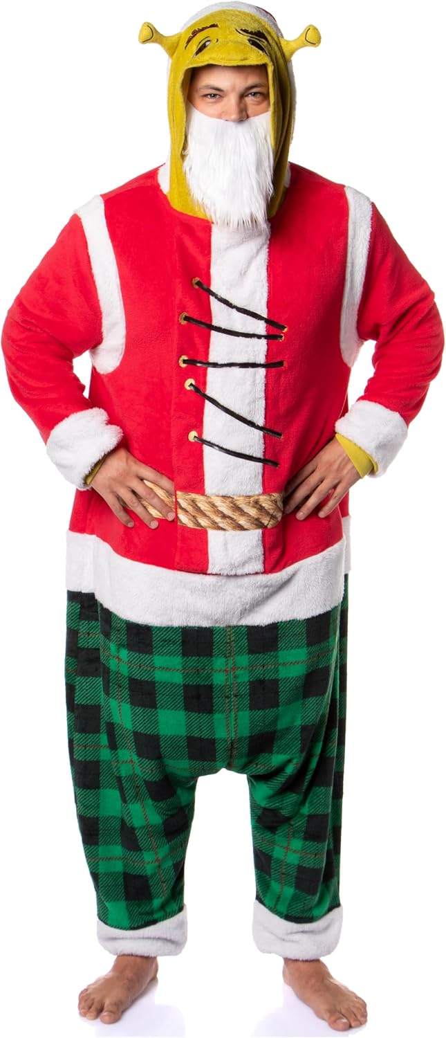 INTIMO Shrek The Halls Ogre Christmas Santa Adult Unisex Pajamas Fleece Hooded Holiday Kigurumi Union Suit