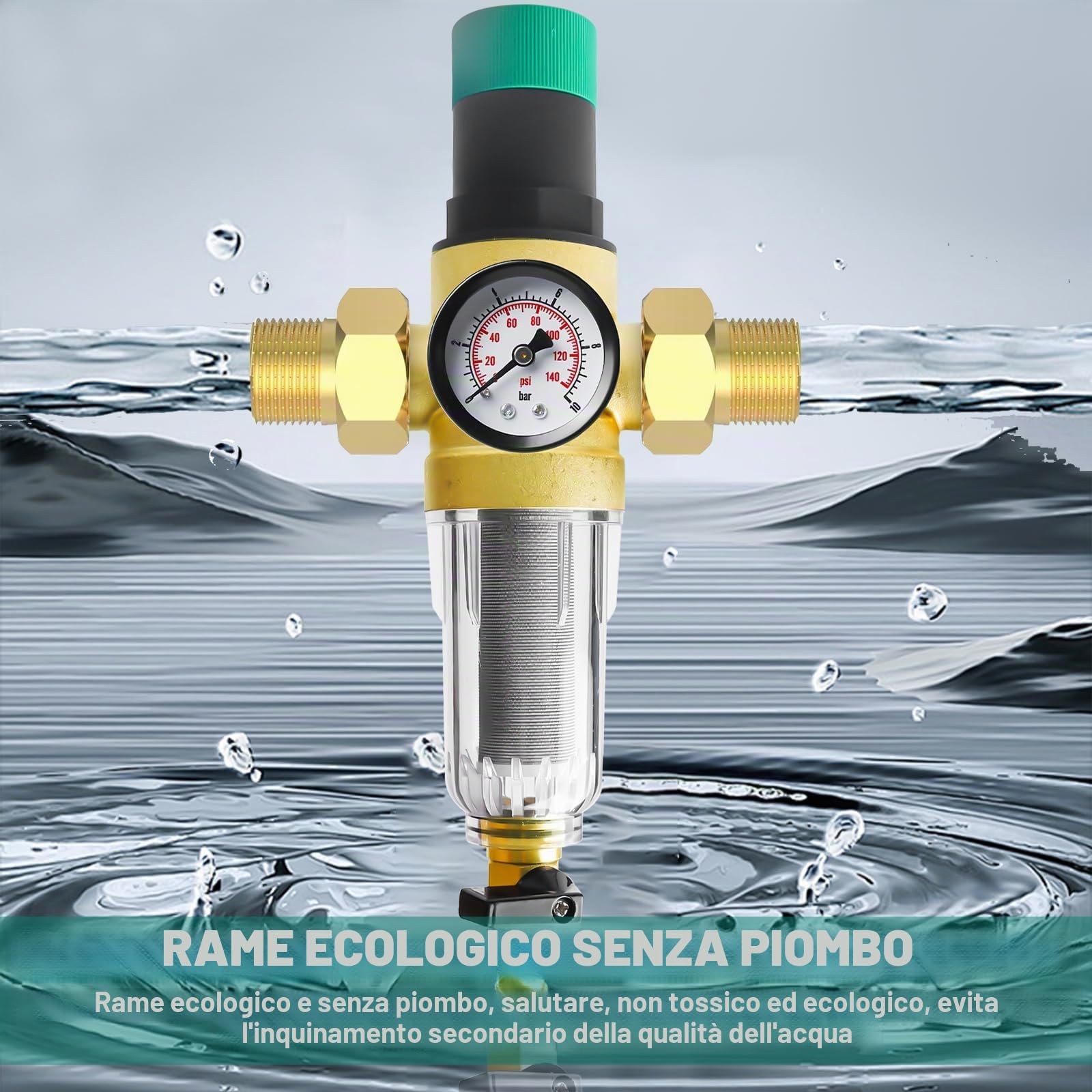 Riduttore di pressione acqua 3/4 pollici DN 20, filtro di risciacquo con riduttore di pressione e manometro, riduttore di pressione dell'acqua in ottone riutilizzabile, per la regolazione della