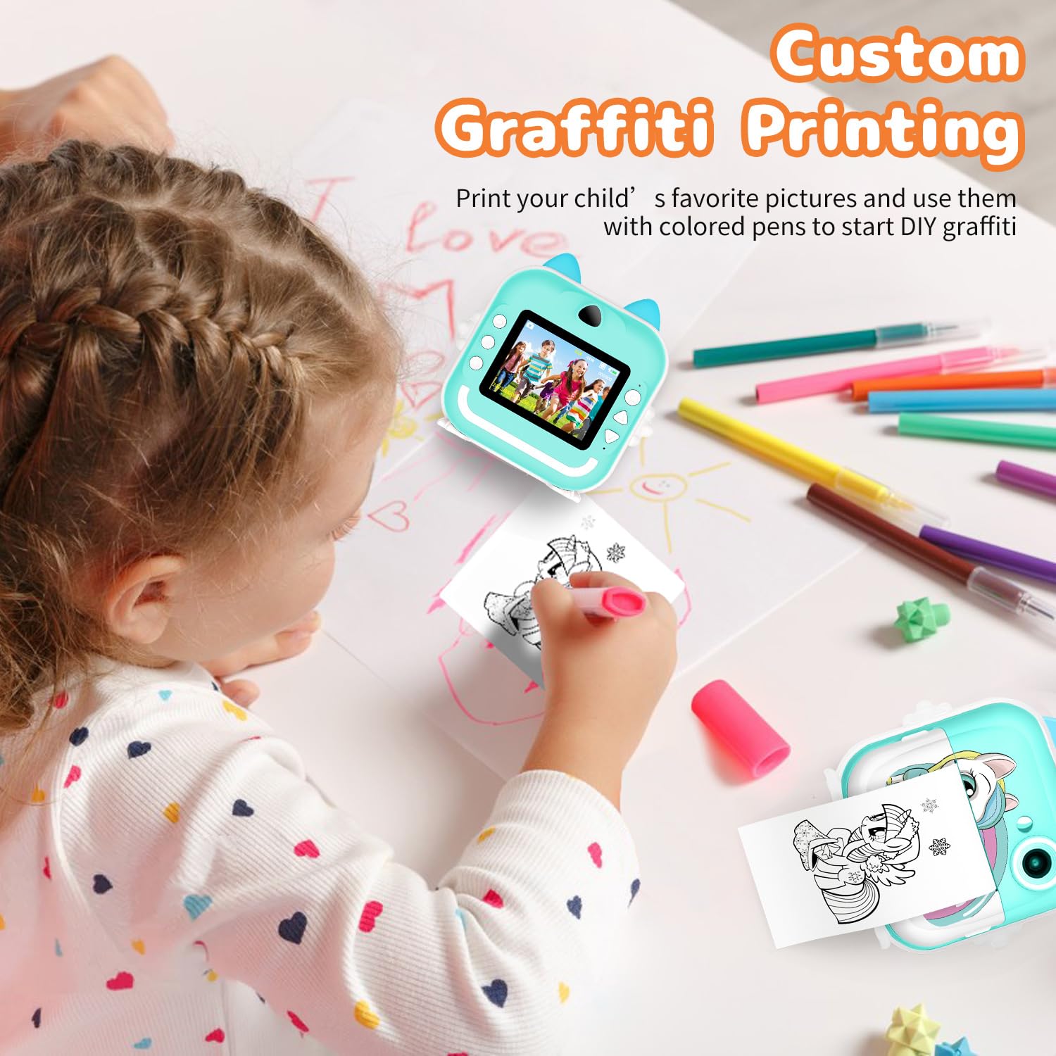 Macchina Fotografica Istantanea per Bambini,2,4 Pollici Digitale Fotocamera Instant Print 1080P HD Videocamera Obiettivo Fotocamera con 32GB Scheda e Carta Fotografica per Stampa，Regalo di Compleanno