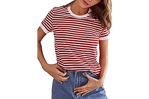 Striped Red and White Crew Neck Short Sleeve T-shirt for Women