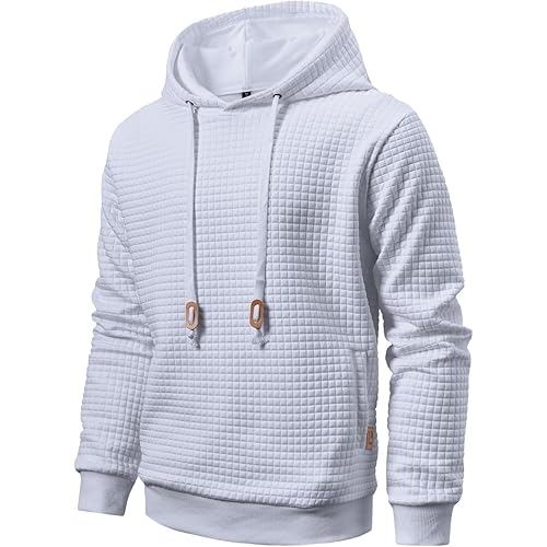 Men’s Sweatshirts Long Sleeve Pullover Patchwork Plaid Jacquard Hoodie Casual Drawstring Hoody Top