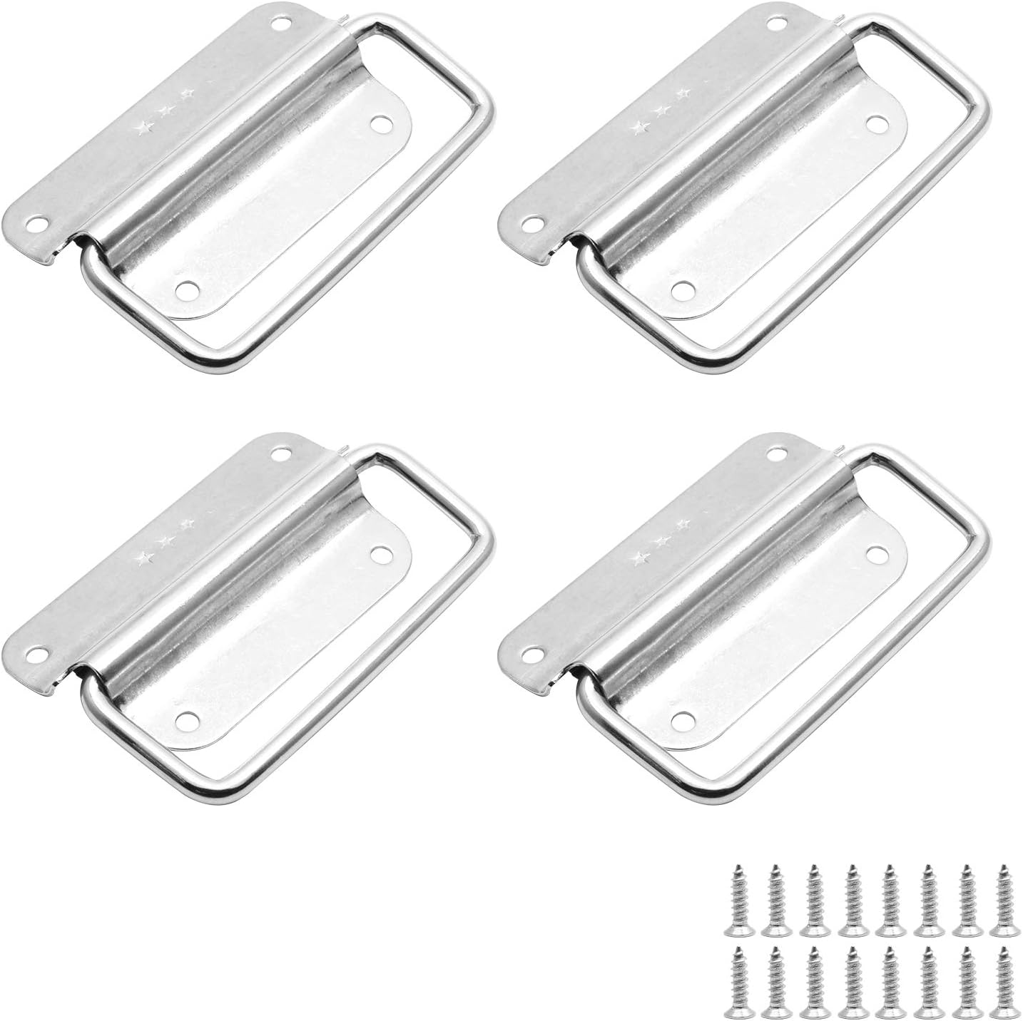Jiozermi 4 Pcs Chest Handles, 3 Inch Pull Handles with Screws, Stainless Steel Foldable Pull Ring Handle for Toolbox, Heavy Duty Surface Mount Case Handle, Silver