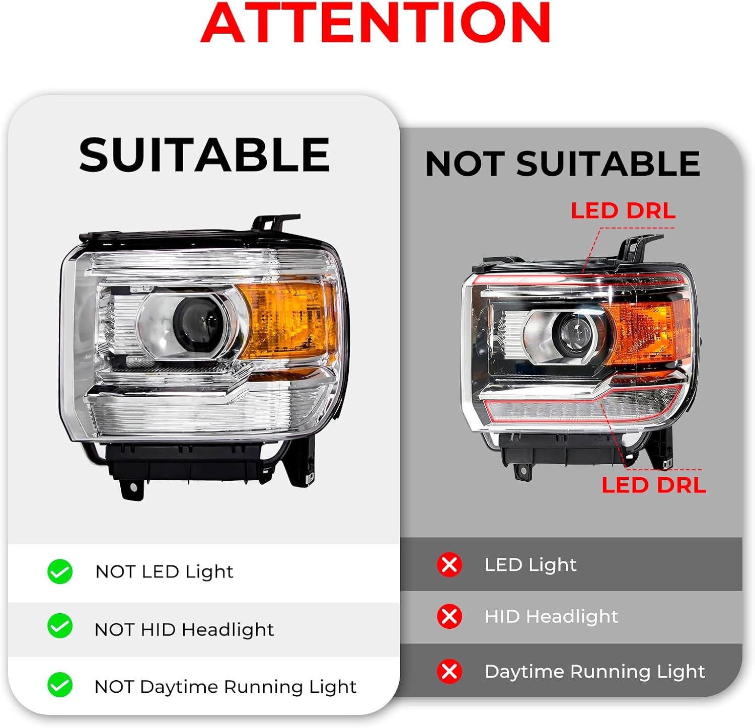 AS Headlight Assembly for 2014 2015 2016 2017 2018 GMC Sierra 1500HD,15-19 GMC Sierra 2500 3500HD Headlights with Chrome Housing Amber Reflector (Not Fits Factory LED DRL or HID)