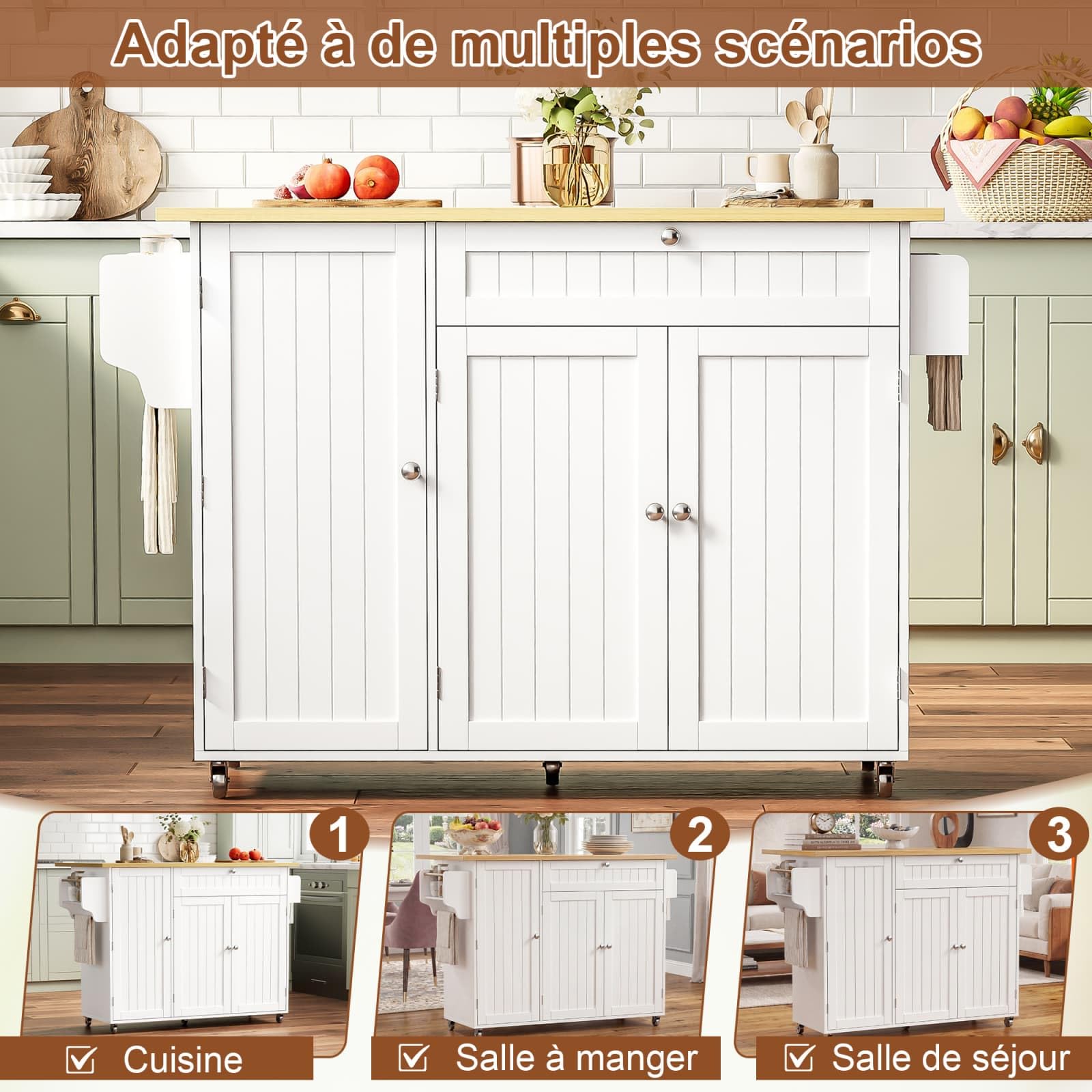 KOMHTOM Desserte de Cuisine à roulettes avec Plan Travail Rabattable Chariot Rangement Grand Tiroir Placard Blanc Bois(120cm Classique Blanc)