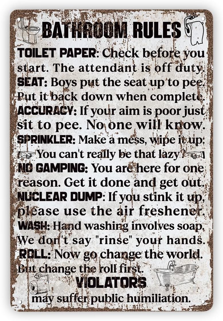 Funny Vintage Metal Tin Signs, Bathroom Rules, Antique Bathroom Decor, Rustic Restroom Art, Potty Humor Metal Tin Signs, Rustic Farmhouse Wall Decor, Housewarming Gift, 11.8 * 7.9Inch