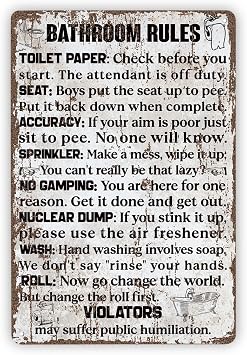 Funny Vintage Metal Tin Signs, Bathroom Rules, Antique Bathroom Decor, Rustic Restroom Art, Potty Humor Metal Tin Signs, Rustic Farmhouse Wall Decor, Housewarming Gift, 11.8 * 7.9Inch