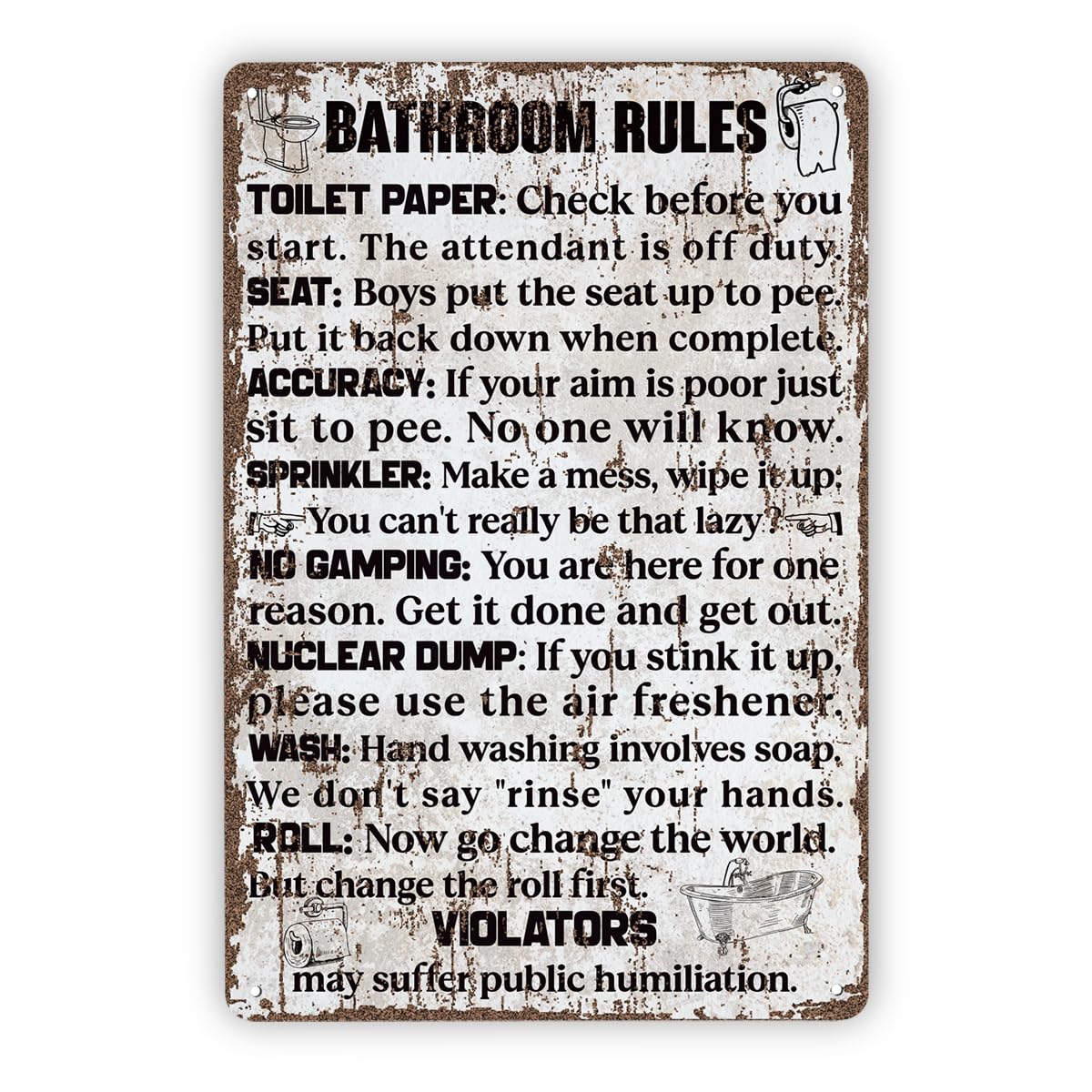 peiyeety Funny Vintage Metal Tin Signs, Bathroom Rules, Antique Bathroom Decor, Rustic Restroom Art, Potty Humor Metal Tin Signs, Rustic Farmhouse Wall Decor, Housewarming Gift 8x12 Inch