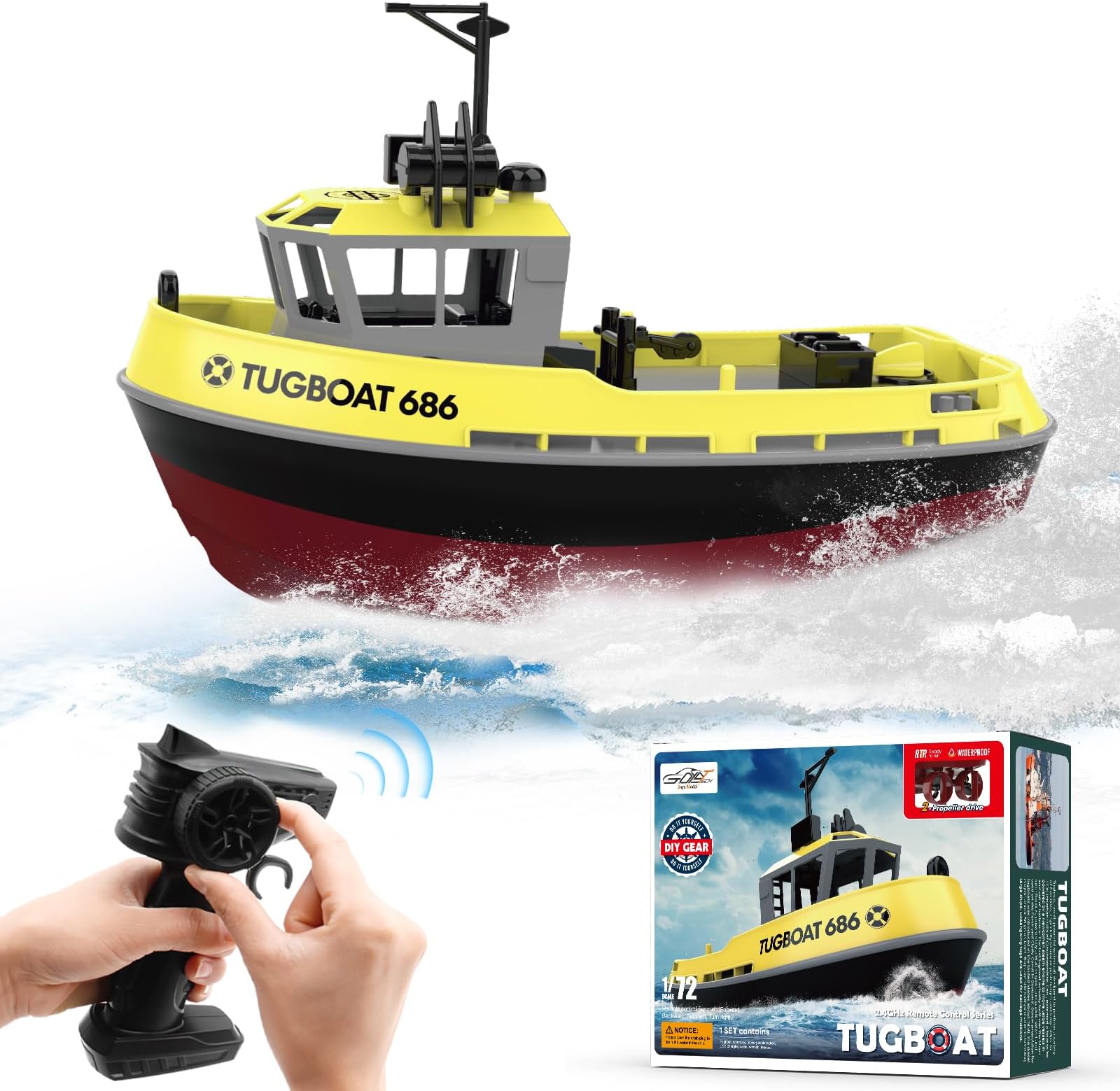 RC Boat, 1/72 RC Tugboat for Pools and Lakes, High-Speed Remote Control Boat with 40 Mins Play Time and Low Battery Reminder for Adults and Kids - RTR Version