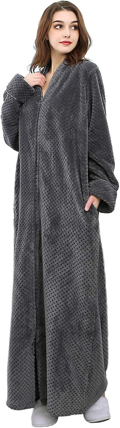 Hellomamma Women's Zip Front Bathrobe Soft Warm Long Fleece Plush Robe Plus Size Full Length Housecoat Sleepwear Dressing Gown