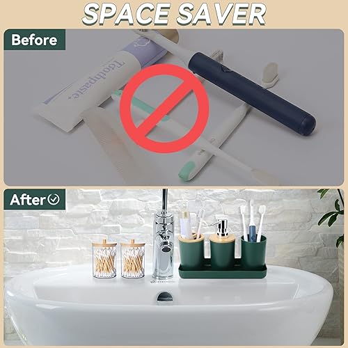 Miniatura 4 de SLDIYWOW Juego de 9 accesorios de baño verde oscuro con basura, bandeja, dispensador de jabón, soporte para cepillos de dientes, vaso para cepillos