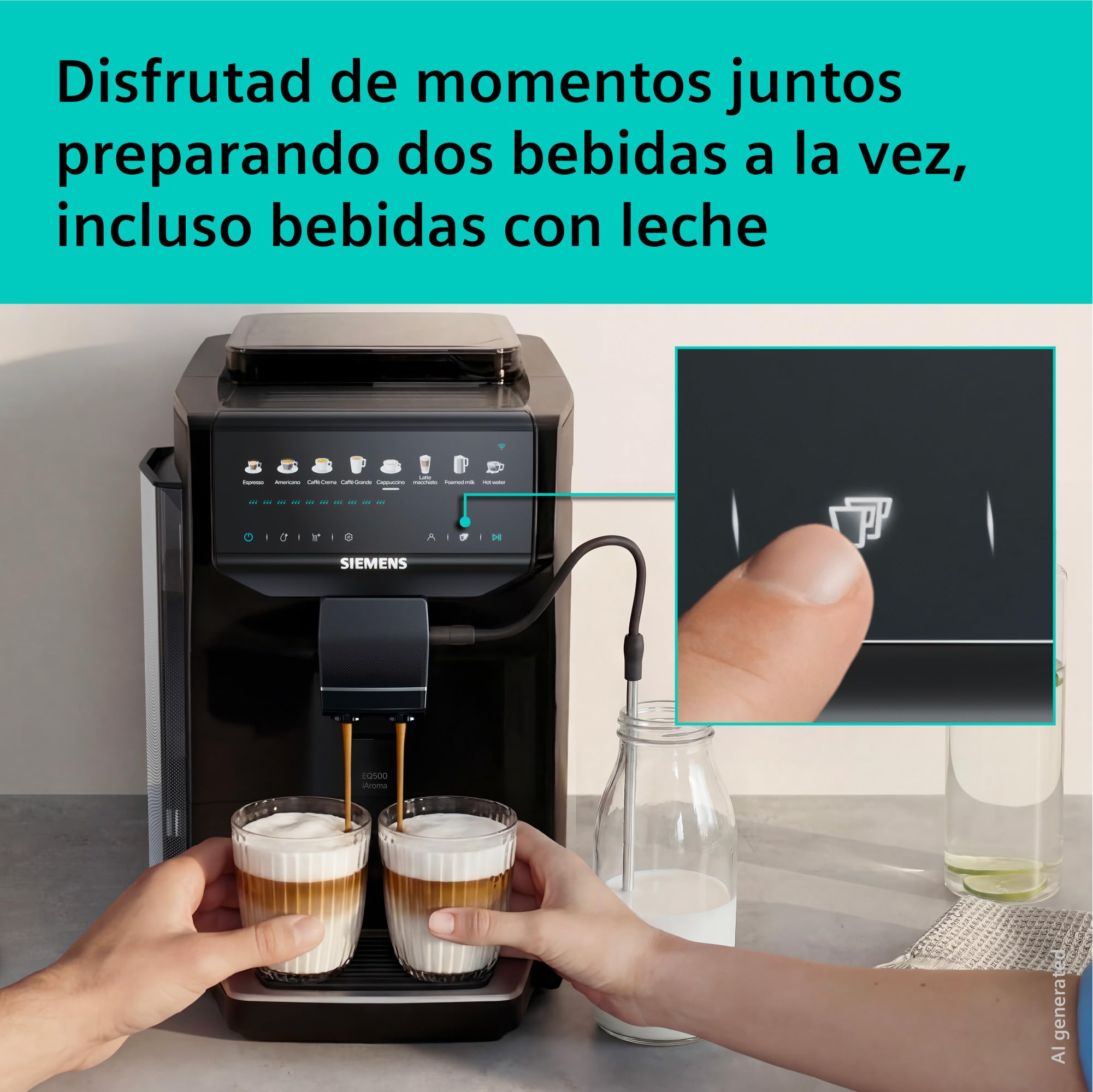 SIEMENS, Cafetera superautomática EQ500 iAroma, tactil, Negro, TP553E19 | Prepara dos tazas a la vez, personaliza tu bebida favorita con un toque y controla todo desde el móvil. Limpieza fácil.