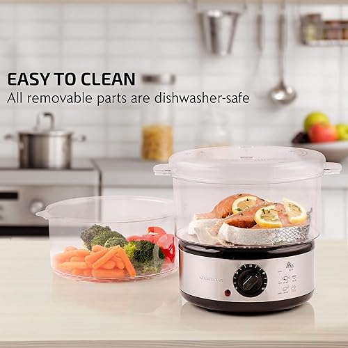 Miniatura 5 de OVENTE Vaporizador eléctrico de 2 niveles para cocinar verduras, base de acero inoxidable, cestas apilables y aptas para lavavajillas, 400 W con