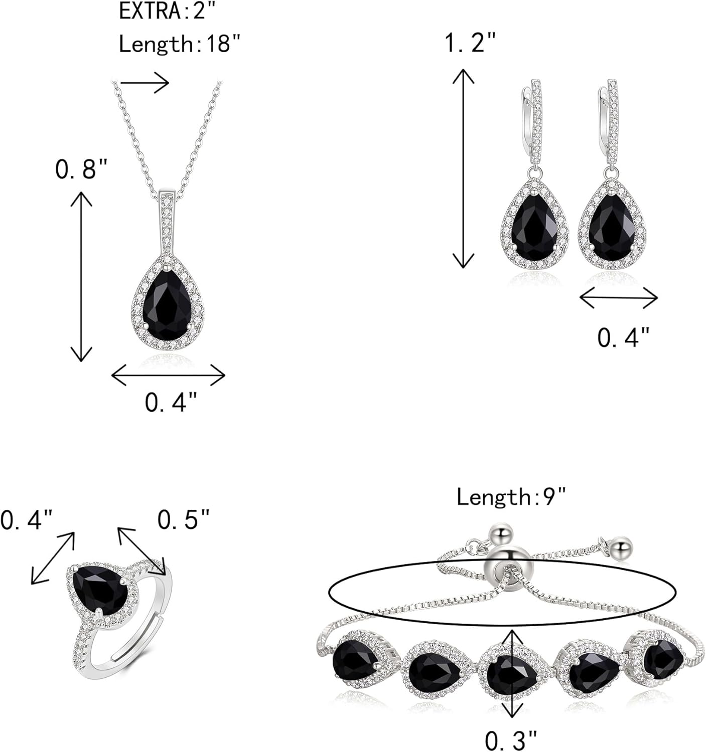 Crysdue Wedding Bridal Teardrop CZ Pendant Necklace Open Ring Dangle Earrings Adjustable Slider Bracelet Jewelry Set, Birthday Mothers Day Christmas Jewellery Gift for Women/Mom/Wife - Image 6