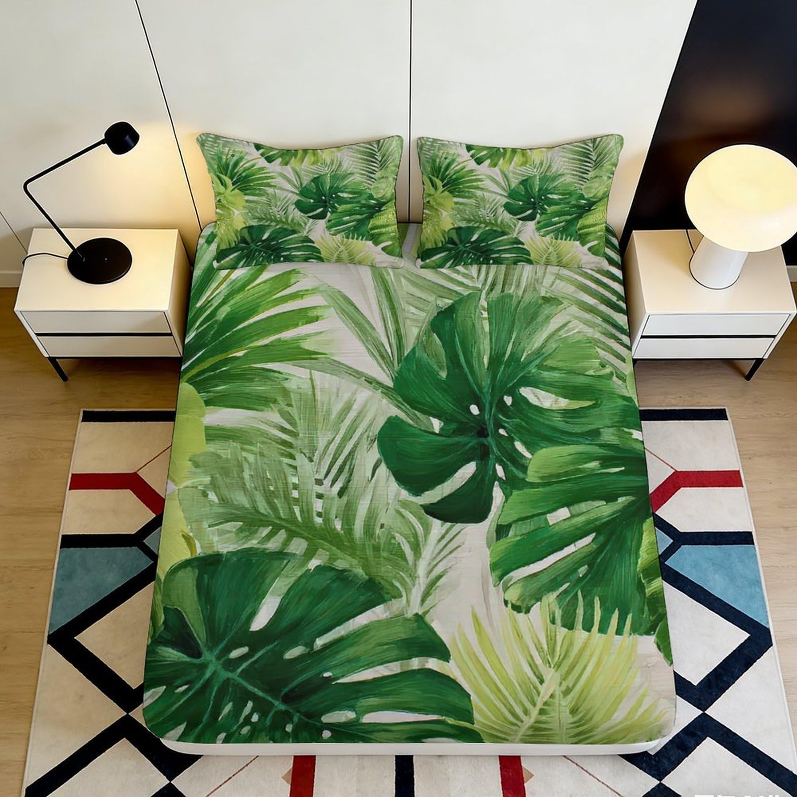 3D Printed Tropical Leaf Fitted Sheet Microfiber Green Jungle Palm Mattress Cover Non Slip Washable for Bedroom Home 160x200x25cm