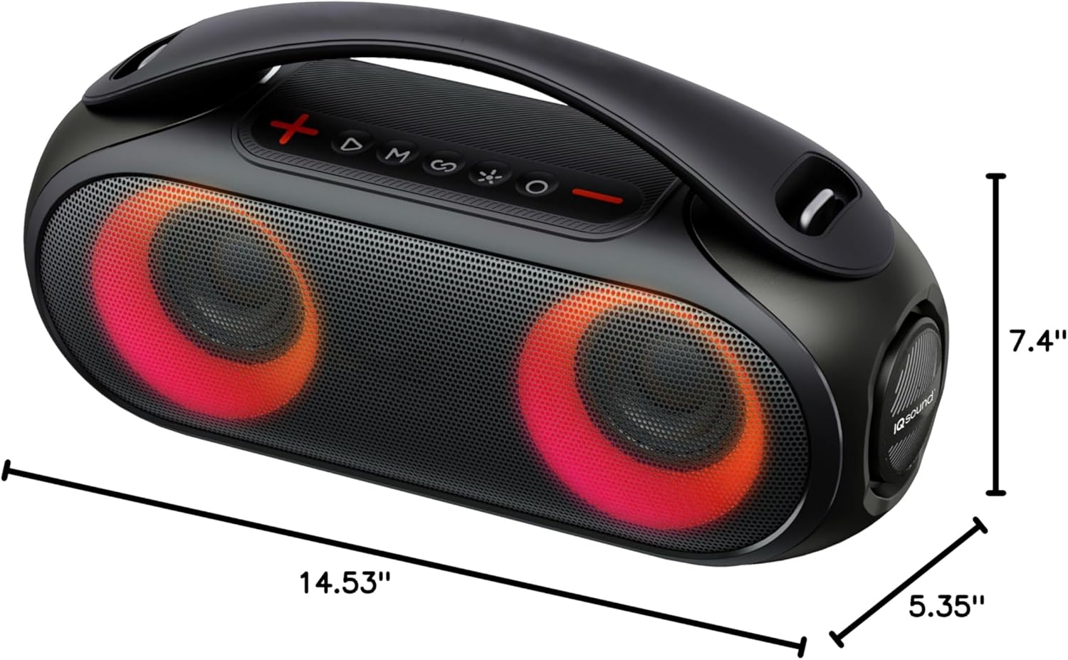 Dimensions of IQ Sound IQ-3530RGB speaker: 14.53 inches wide, 5.35 inches deep, 7.4 inches high