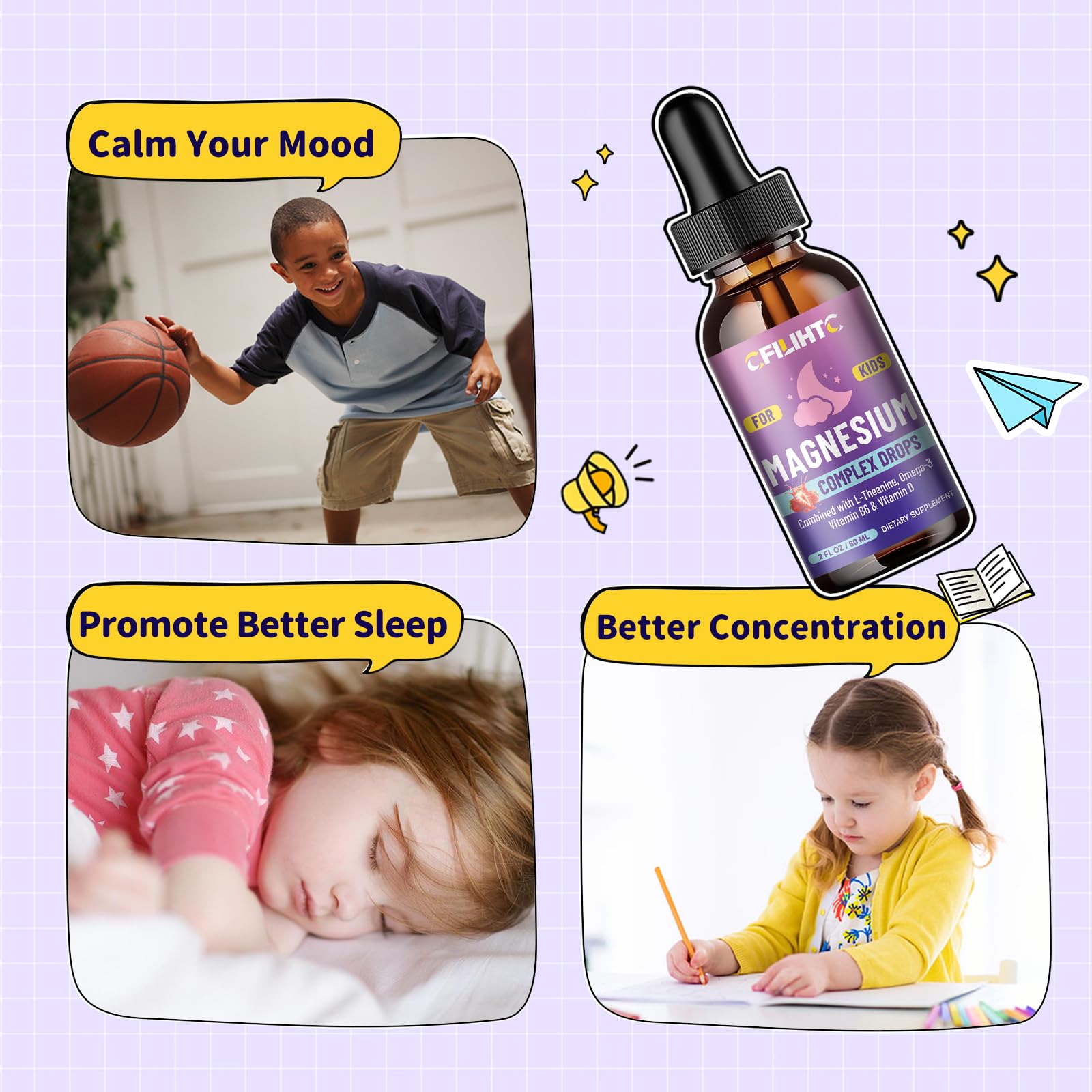 Kids Magnesium Liquid Drops-Magnesium Glycinate Liquid for Kids Supplement-w/L-theanine, Omega-3, Vitamin B6, D3 - for Sleep, Relaxation, Brain, Bones - 4 Fl Oz Children's Calm — Amazon image 3