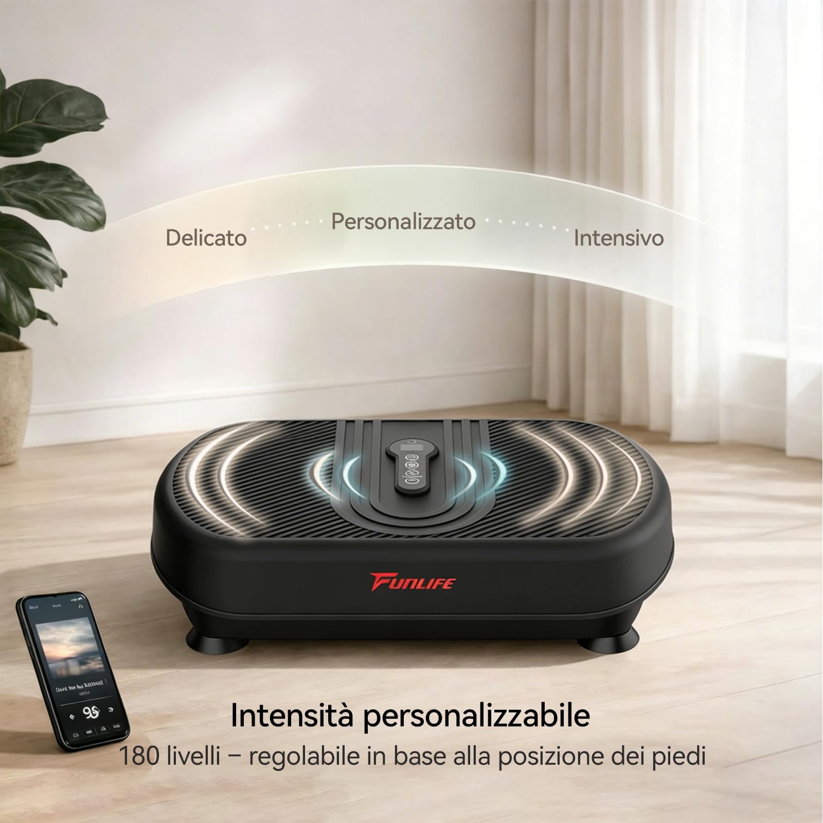Funlife Piastra vibrante da 120 kg, 180 livelli, 5 programmi e manuale, Bluetooth e altoparlante, piastra fitness con corde per allenamento di tutto il corpo