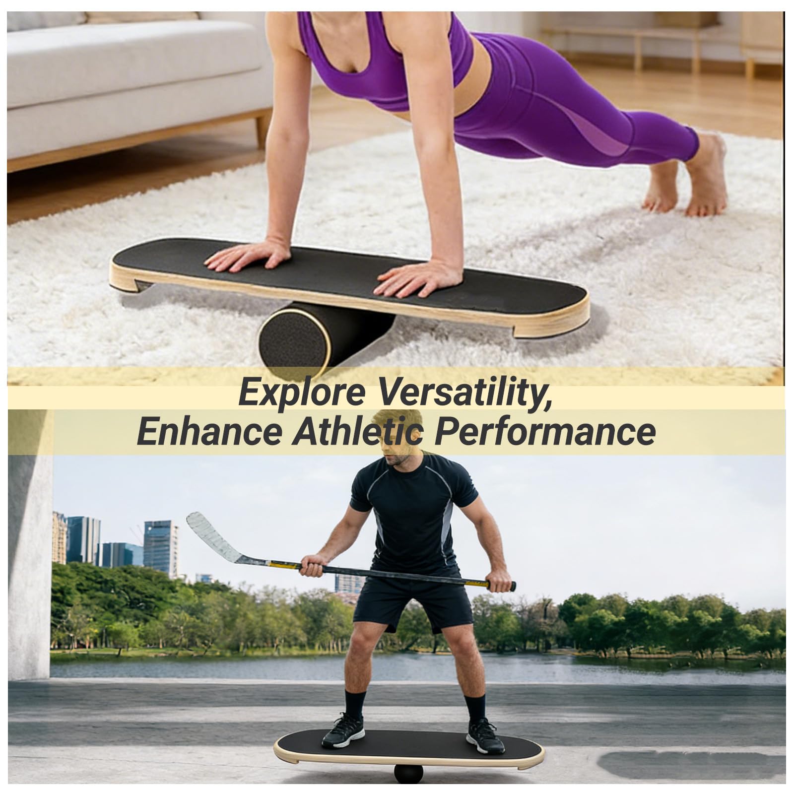 Balance Board Roller Holz, Trainer Rollbrett Balance Trainingsbrett, Surfin BalanceBoard Rutschfest Gleichgewichtstrainer für Einsteiger&Profis, Körperkontrolle Exerciser Schwarz