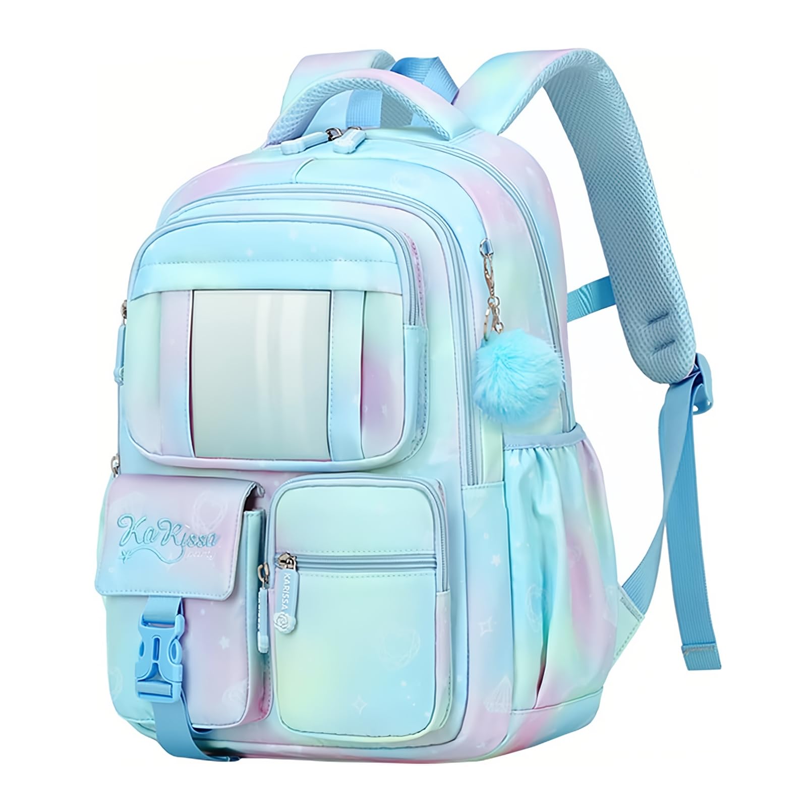 Kawaii Kids Backpack for Girls School, Multi-Pocket Girls Backpack Kids School Bag with Furry Pendant, B05-Blue