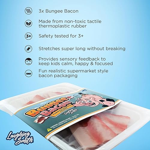 Miniatura 3 de Laughing Smith Bungee Bacon – Tocino sensorial elástico – Alimento sensorial divertido y calmante – Tiras de tocino de imitación realistas – Ayuda
