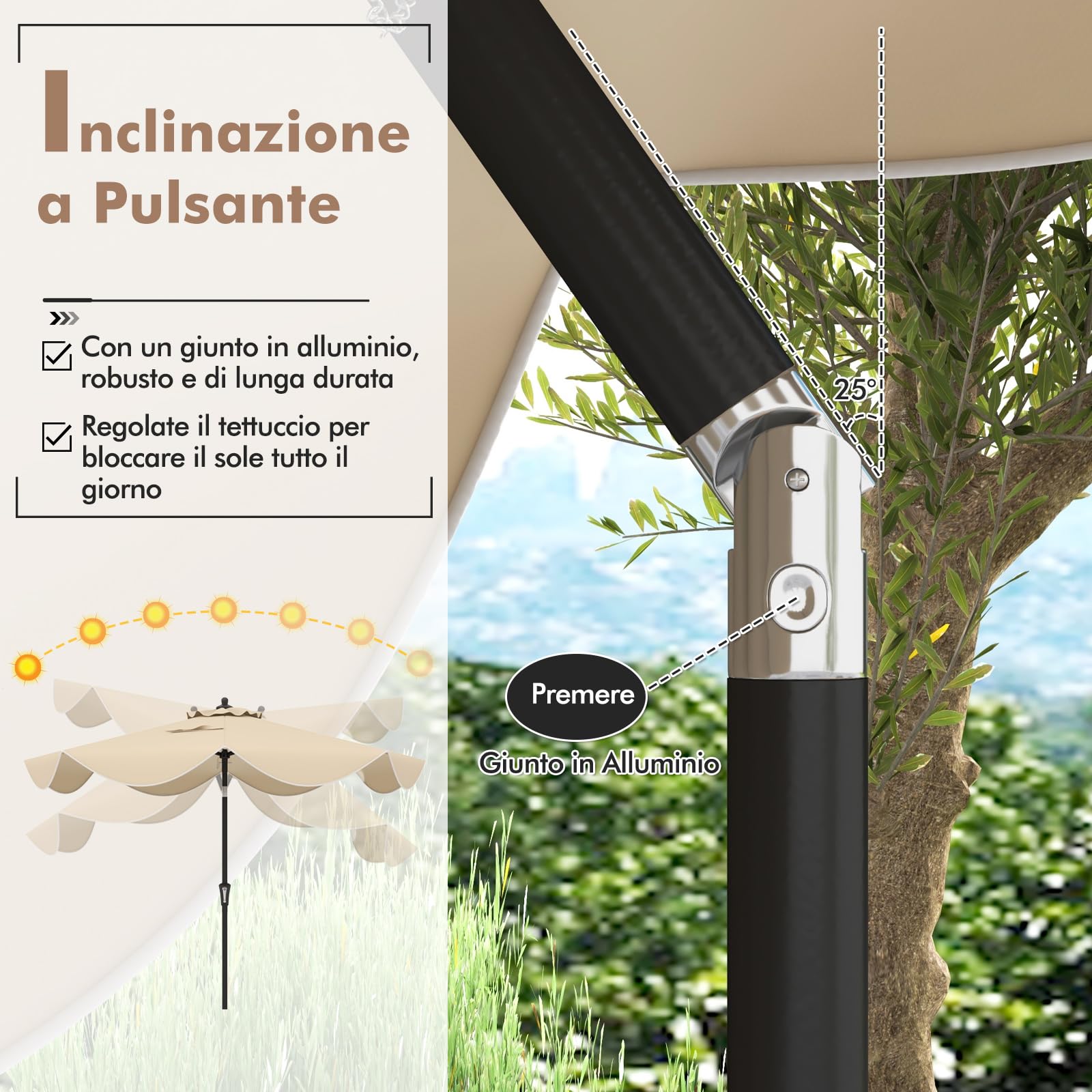 RELAX4LIFE Ombrellone da Giardino Quadrato 3 x 3 M, Ombrellone da Esterno con Rotazione a 360° e Inclinazione Regolabile, 8 Stecche, per Giardino, Patio, Piscina e Terrazza (Beige