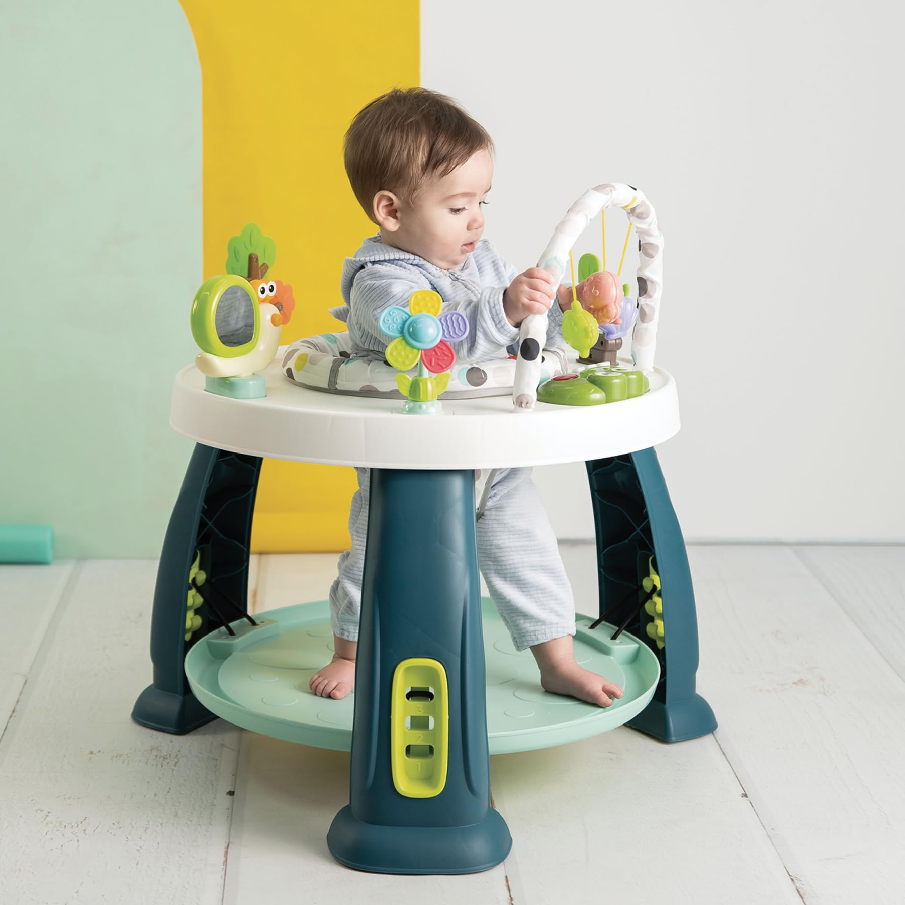 Olmitos - Centro de Actividades 2 en 1 para bebé con Saltador CROK - Mesa de Juegos y Juguetes Desmontables | Asiento Giratorio 360º y Plataforma Ajustable (Dots)