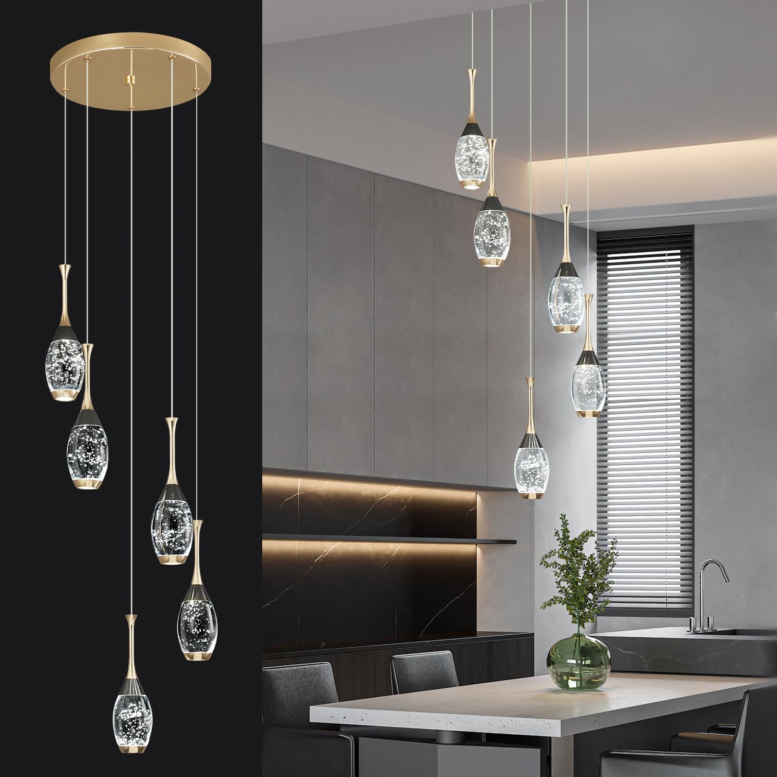 Photo 1 of BBLLWJ Modern Black Gold Pendant Light Dimmable LED Ceiling Light Fixtures Mini Teardrop Crystal Pendant Lighting for Kitchen Island Bedroom Hallway Entryway (5 Light?Champagne Gold)