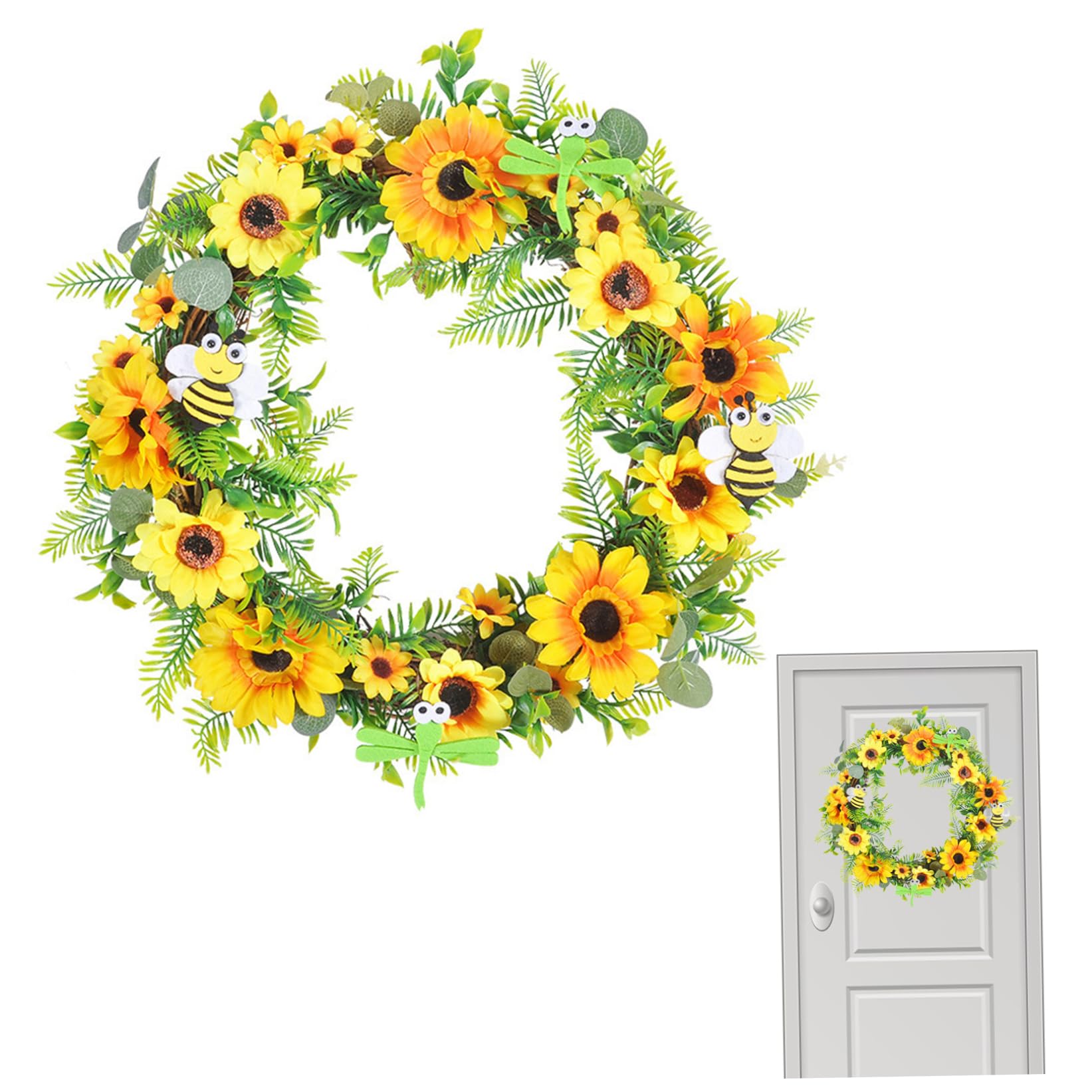 Ameble Sunflower Wreaths for Front Door, Summer Wreath with Vibrant Artificial Sunflowers, All Season Home Decor Wreath
